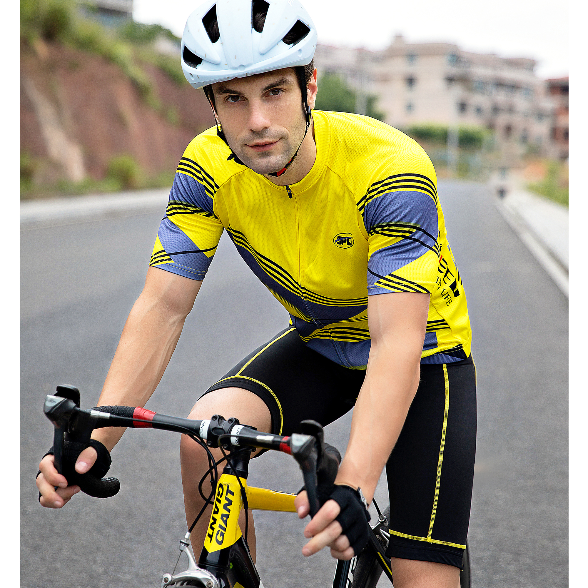 thumbnail video image 2 of Cycling Jersey and Biker Shorts Padded Road Riding Short Sleeve Set Bike Outfit for Men Yellow XL, 2 of 7