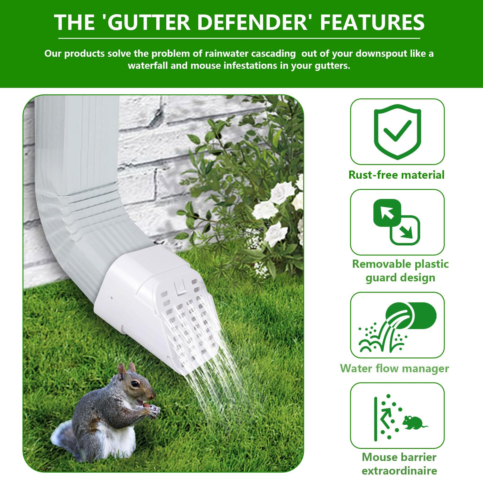 thumbnail video image 2 of 2PC 2"x3" Type-A Gutter Downspout Extensions, Removable Downspout Diverter, Gutter Splash Guard, Outlet Filter & Leaf Guard for Bottom of Downspouts(White), 2 of 10