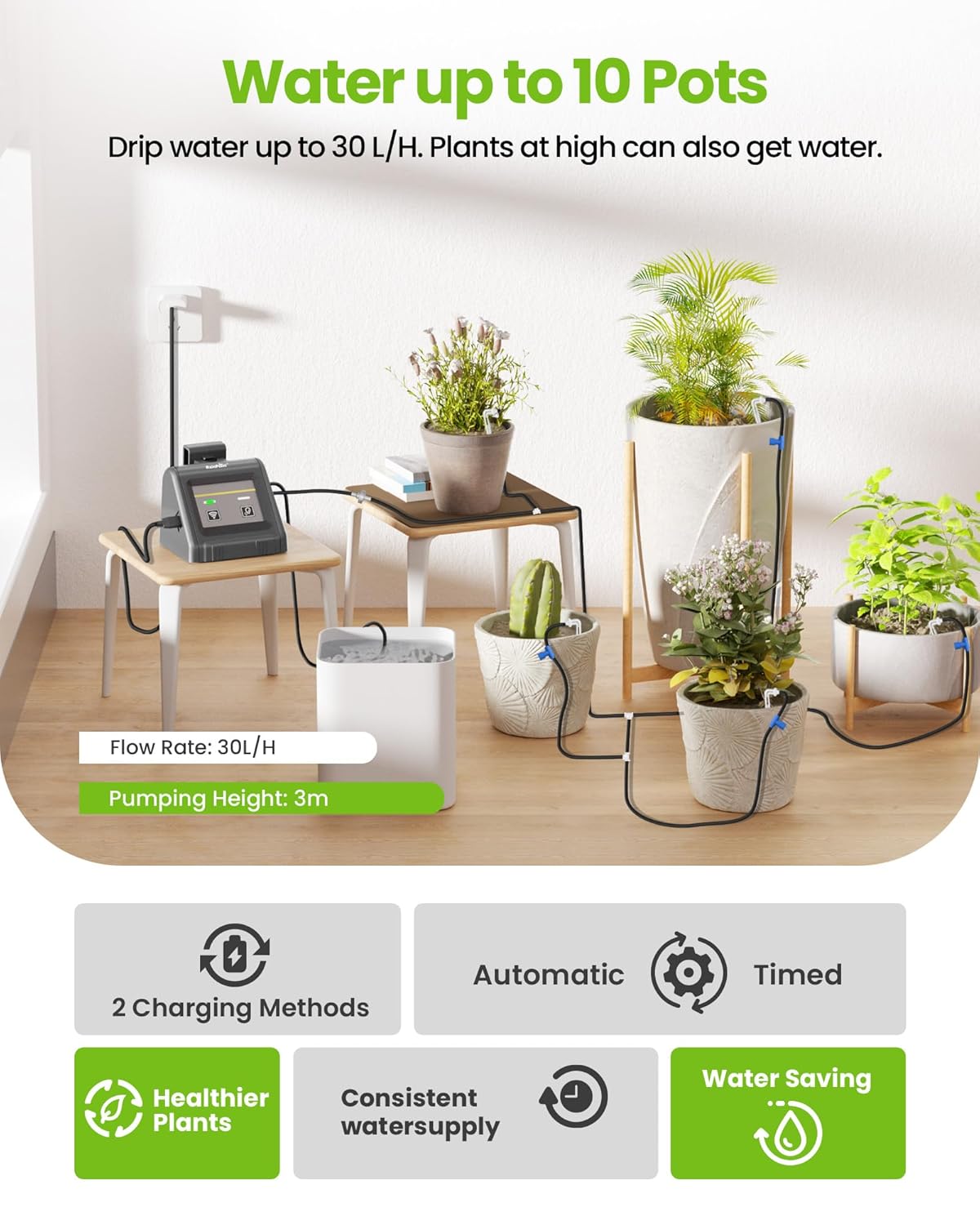 thumbnail video image 2 of RainPoint Indoor Drip Irrigation Kit with APP Controlled Wi-Fi Water Pump Automatic Watering System for Potted Plants and Balcony, 2 of 15
