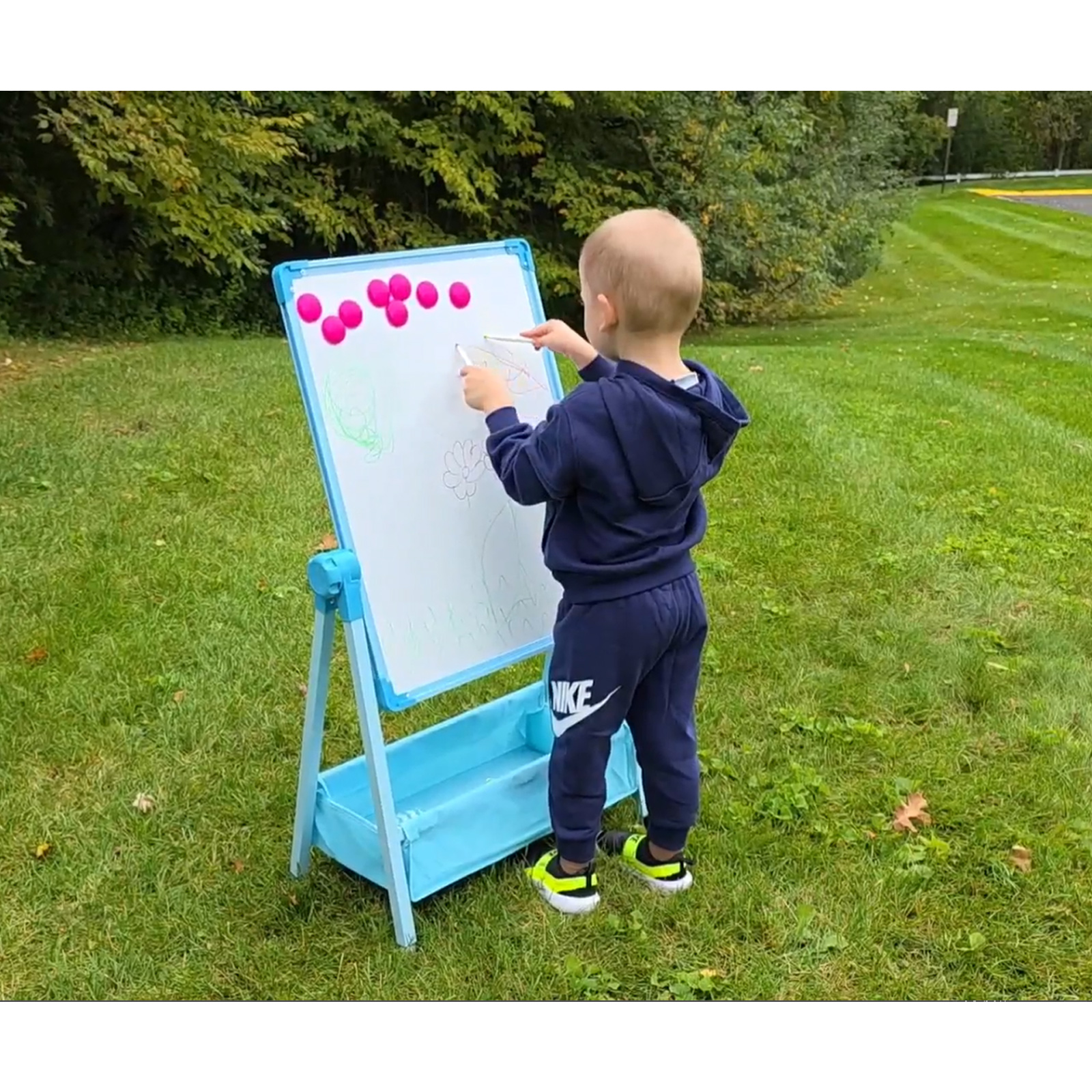 thumbnail video image 2 of Art Easel for Kids, Double-Sided Magnetic Drawing Board, Toddler Toy Gift for Boys and Girls 3-5 Years Old, Blue, 2 of 10