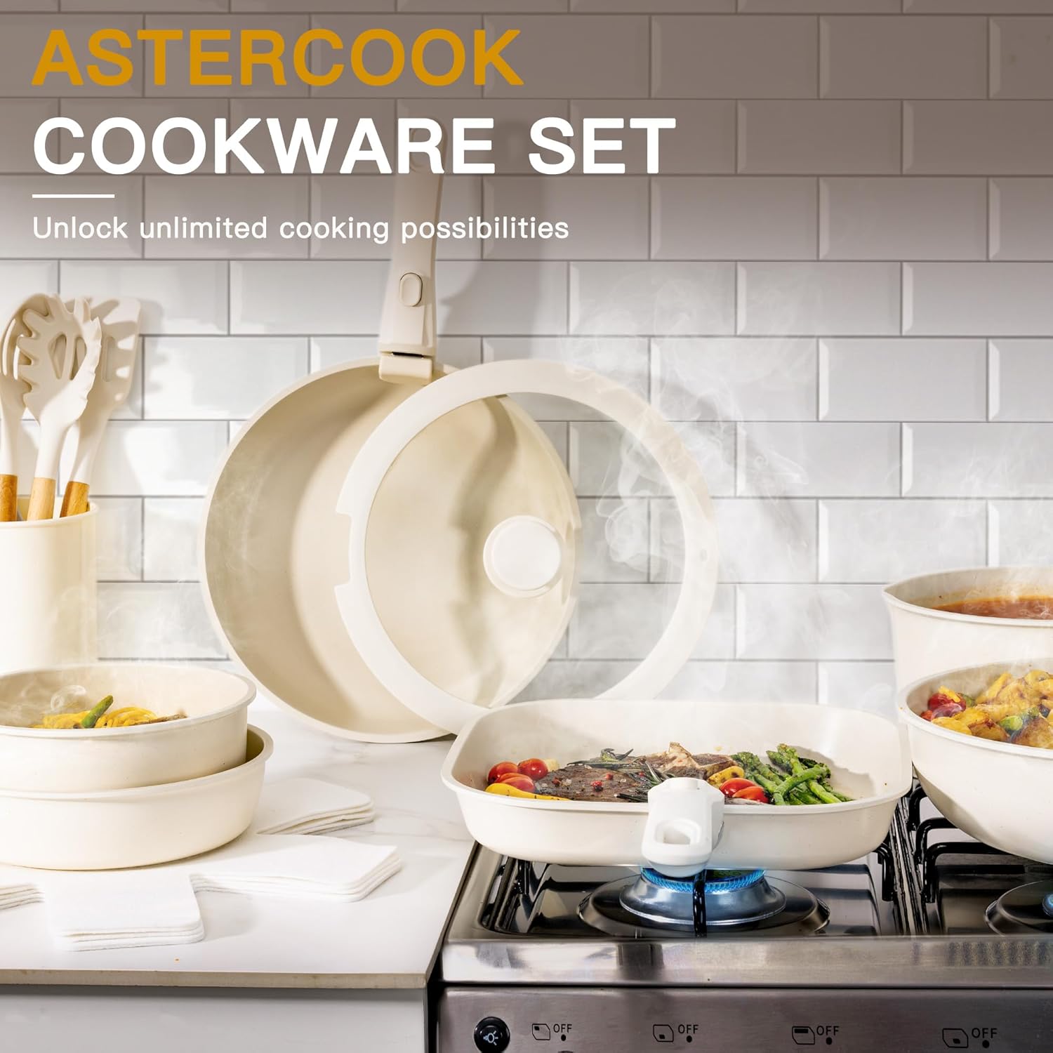 thumbnail video image 2 of Astercook 22 Piece Pots and Pans Set Non Stick, Cookware Set with Detachable Handles, Oven Safe, Induction Ready, Stackable RV Kitchen Cooking Set, Cream White, 2 of 10