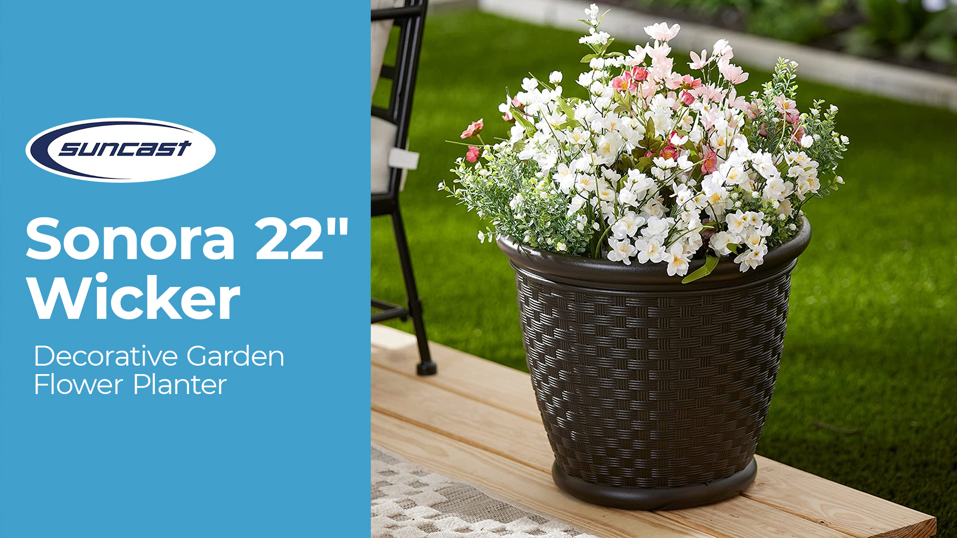 thumbnail video image 2 of Suncast Sonora 22" Wicker Decorative Garden Flower Planter, Brown (4 Pack), 2 of 12