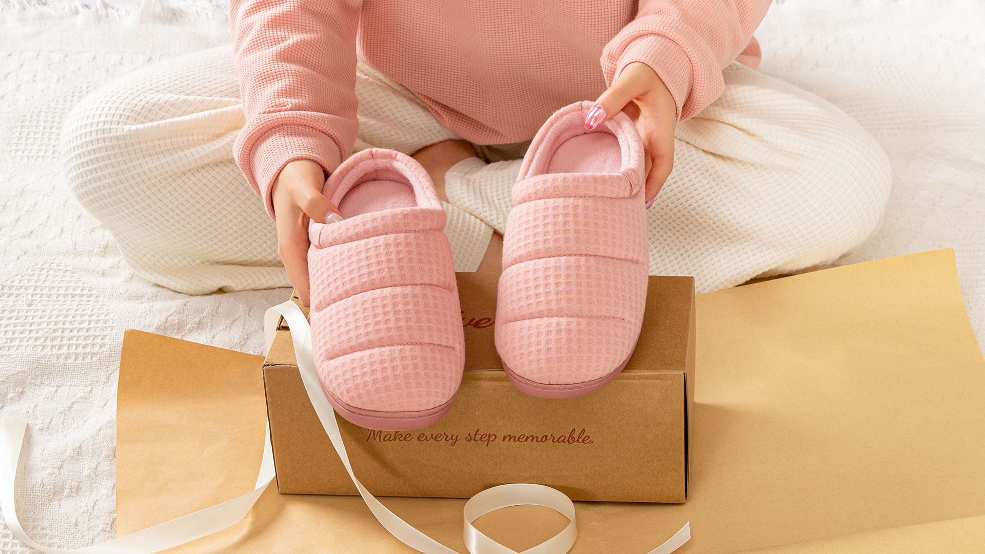 thumbnail video image 2 of EverFoams Women's Cozy Waffle Slippers Soft Quilted Memory Foam Indoor House Shoes with Non-Slip Rubber Sole Bright Gray,5-6 US, 2 of 7