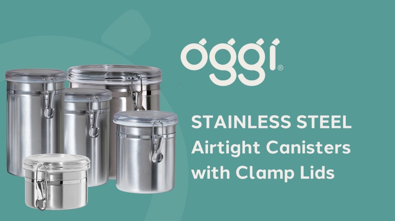 thumbnail video image 2 of Oggi 130-Ounce Jumbo Stainless Steel Kitchen Airtight Canister with Clear Arylic Lid and Locking Clamp, 2 of 6