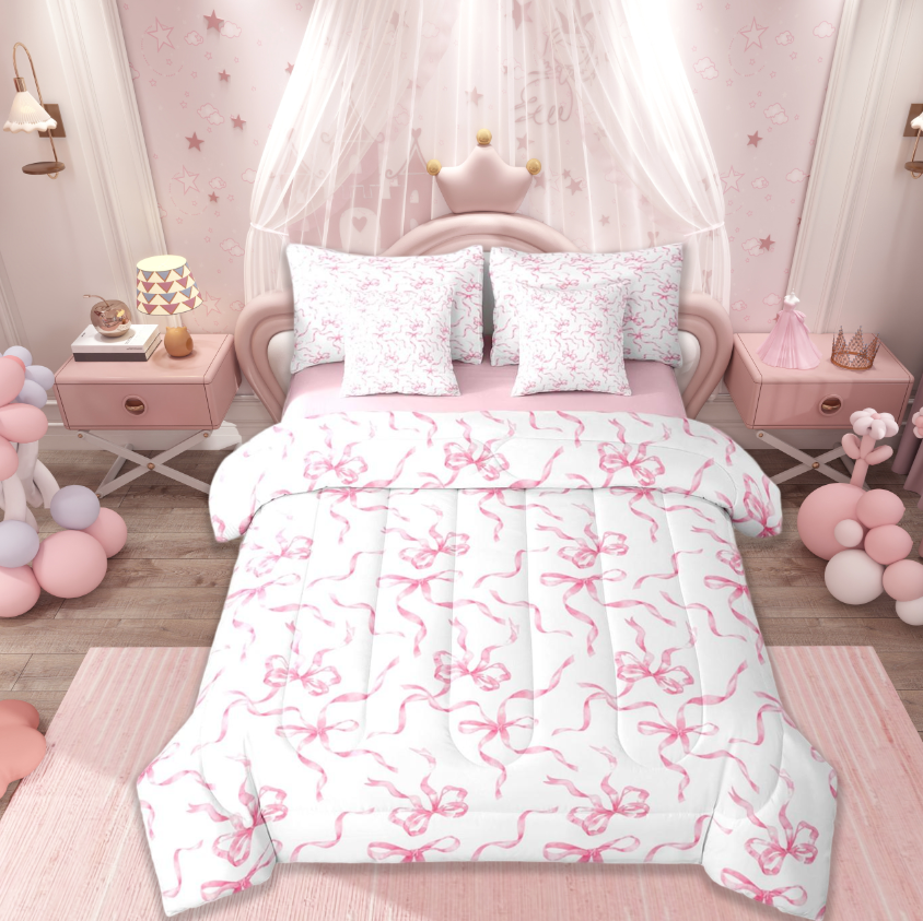 thumbnail video image 2 of jejeloiu Cute Bowknot Twin Bedding Sets 7-Piece,Ribbon Bow Bedding Comforter Set,Pink White Sheet Sets For Girls,Super Cozy Bedroom Decor Reversible, 2 of 9