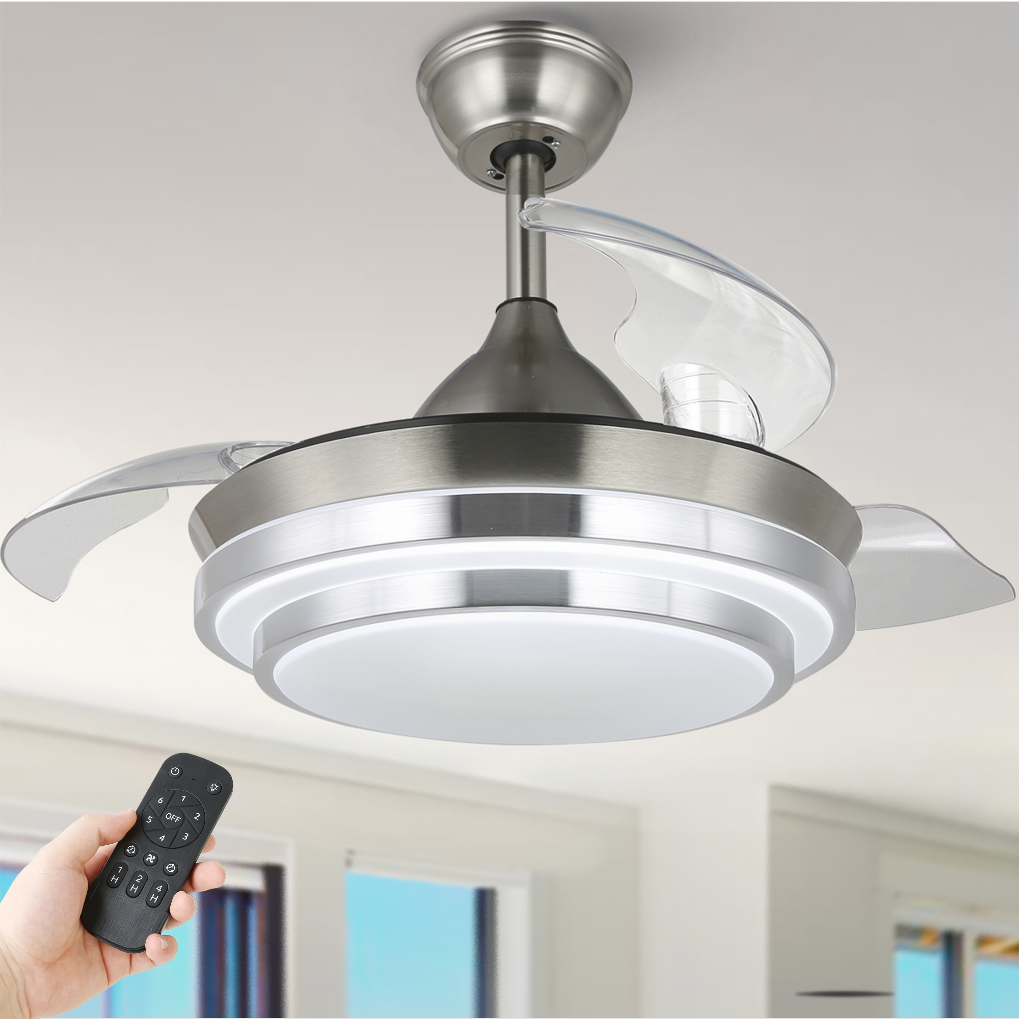thumbnail video image 2 of 36'' LED Retractable Blades Ceiling Fan with Remote Control and Light Kit, 6-Speed Ceiling Fan with Reversile Blades, 2 of 11