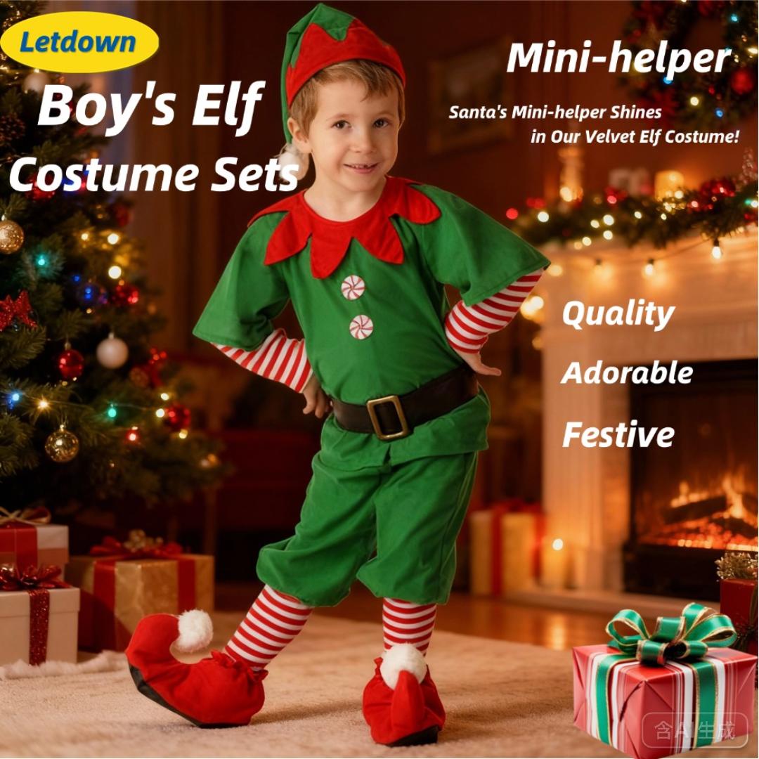 thumbnail video image 2 of Christmas Elf Co_stume Set for Boys Men - Cute Elf Outfit Shirt Pants with Hat Shoe Covers Classic Red Green, 2 of 10