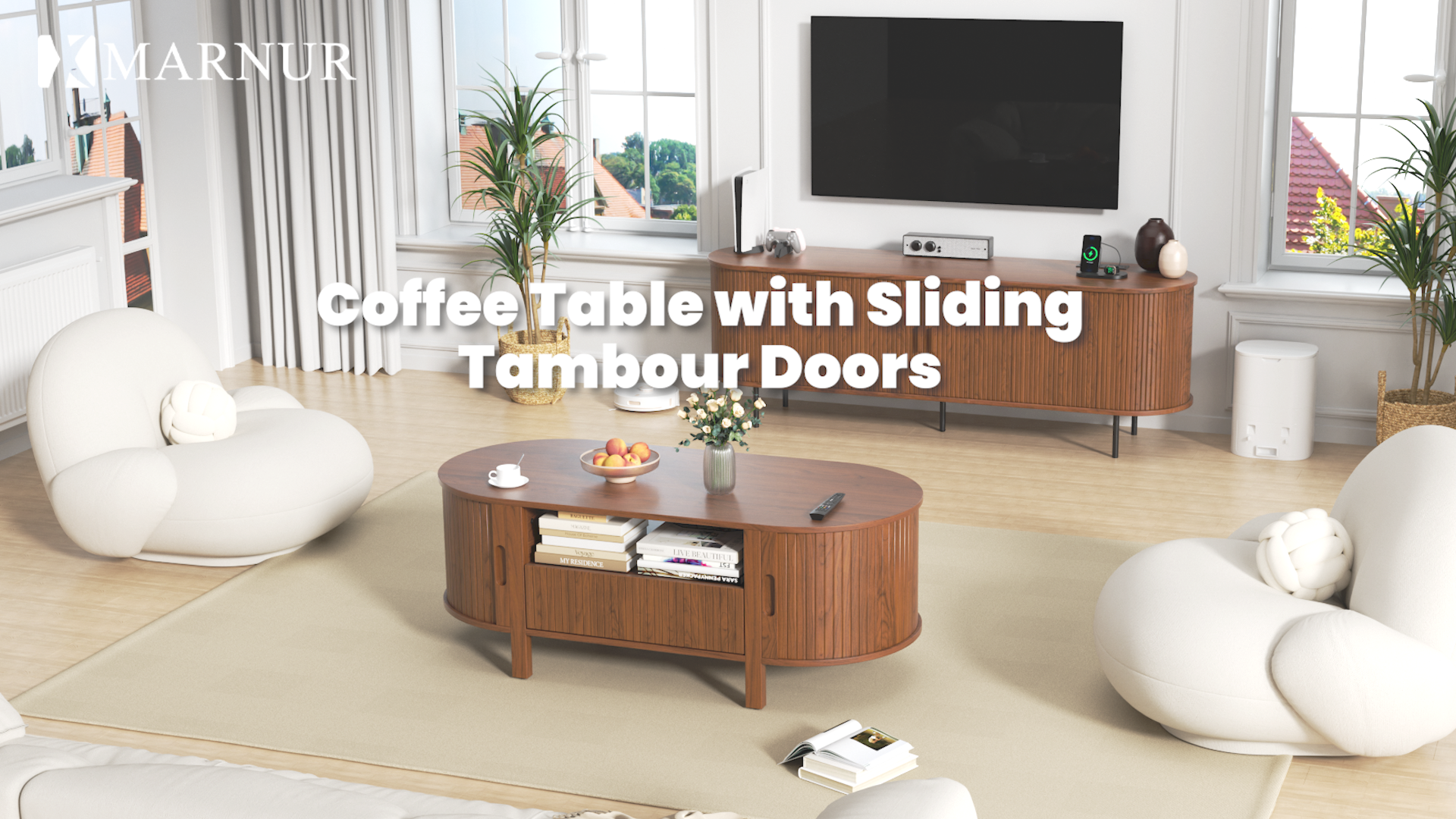thumbnail video image 2 of MARNUR Coffee Table with Storage, Tambour Sliding Door, Open Shelf, Mid Century Modern Center Table with Drawer for Living Room, Walnut, 2 of 10