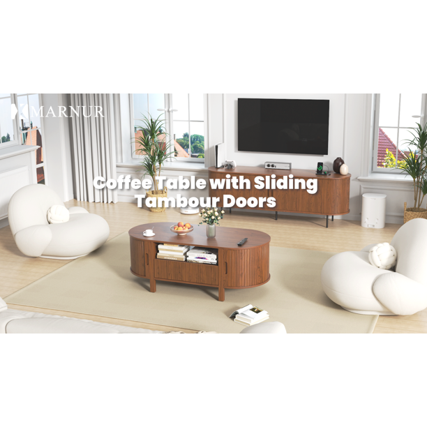 MARNUR Coffee Table with Storage, Tambour Sliding Door, Open Shelf
