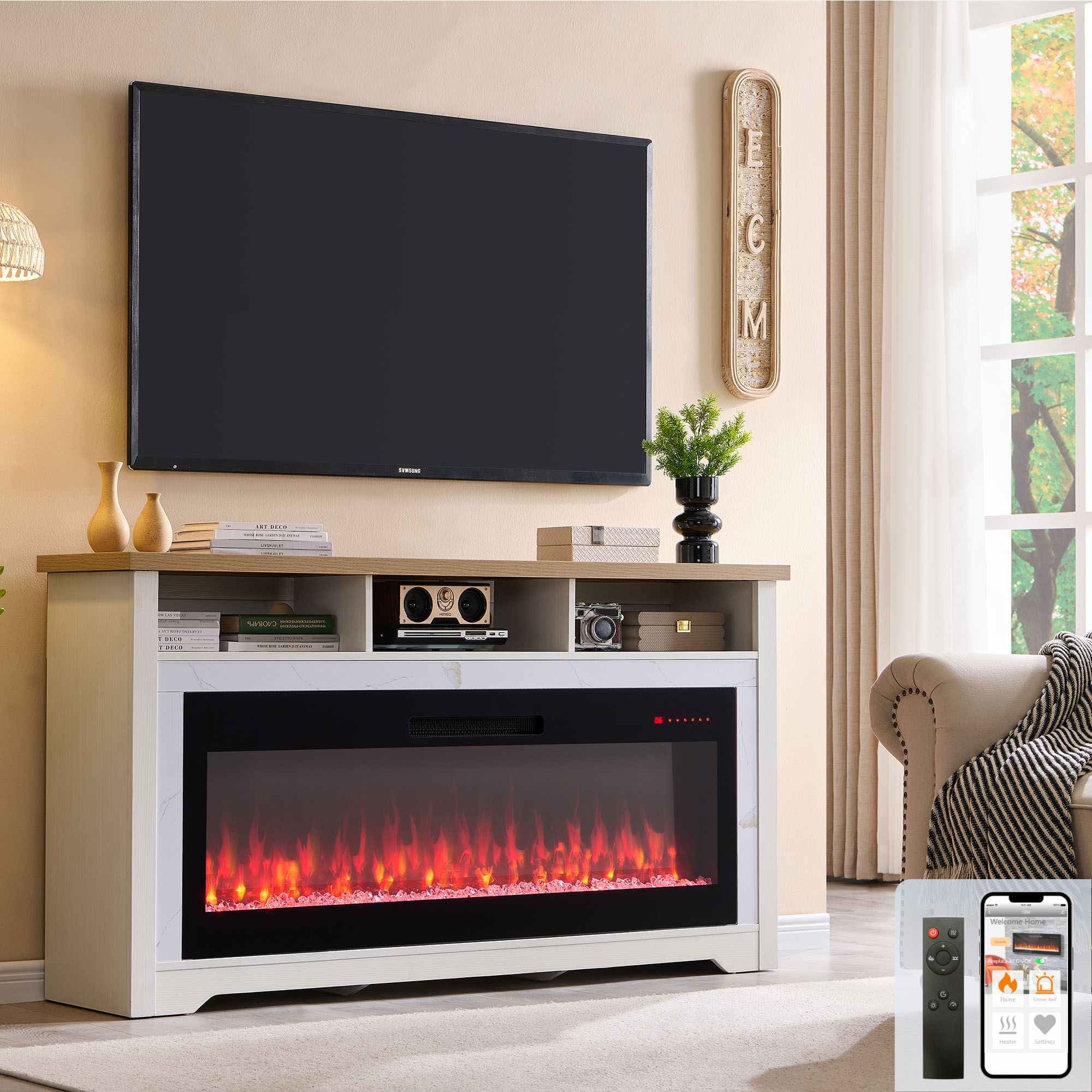 thumbnail video image 2 of Innoflame Fireplace TV Stand for 70" TVs, Entertainment Center w/50 Inch Fireplace, WiFi Enabled, APP/Voice Control, Simulated Marble Surrounded, Open Shelves Storage,White, 2 of 9