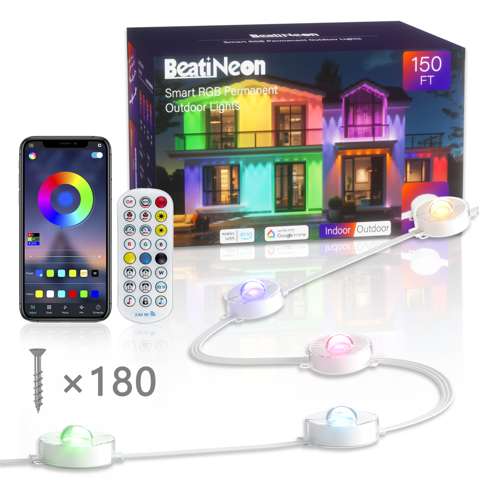 thumbnail video image 2 of Beatineon 150ft Outdoor LED Smart Lights,RGB+IC Permanent Lights, App & Voice Control with Alexa & Google Assistant, IP68 Waterproof Permanent Lights with Individual Leds for Music Sync, Eaves, Patio, 2 of 11