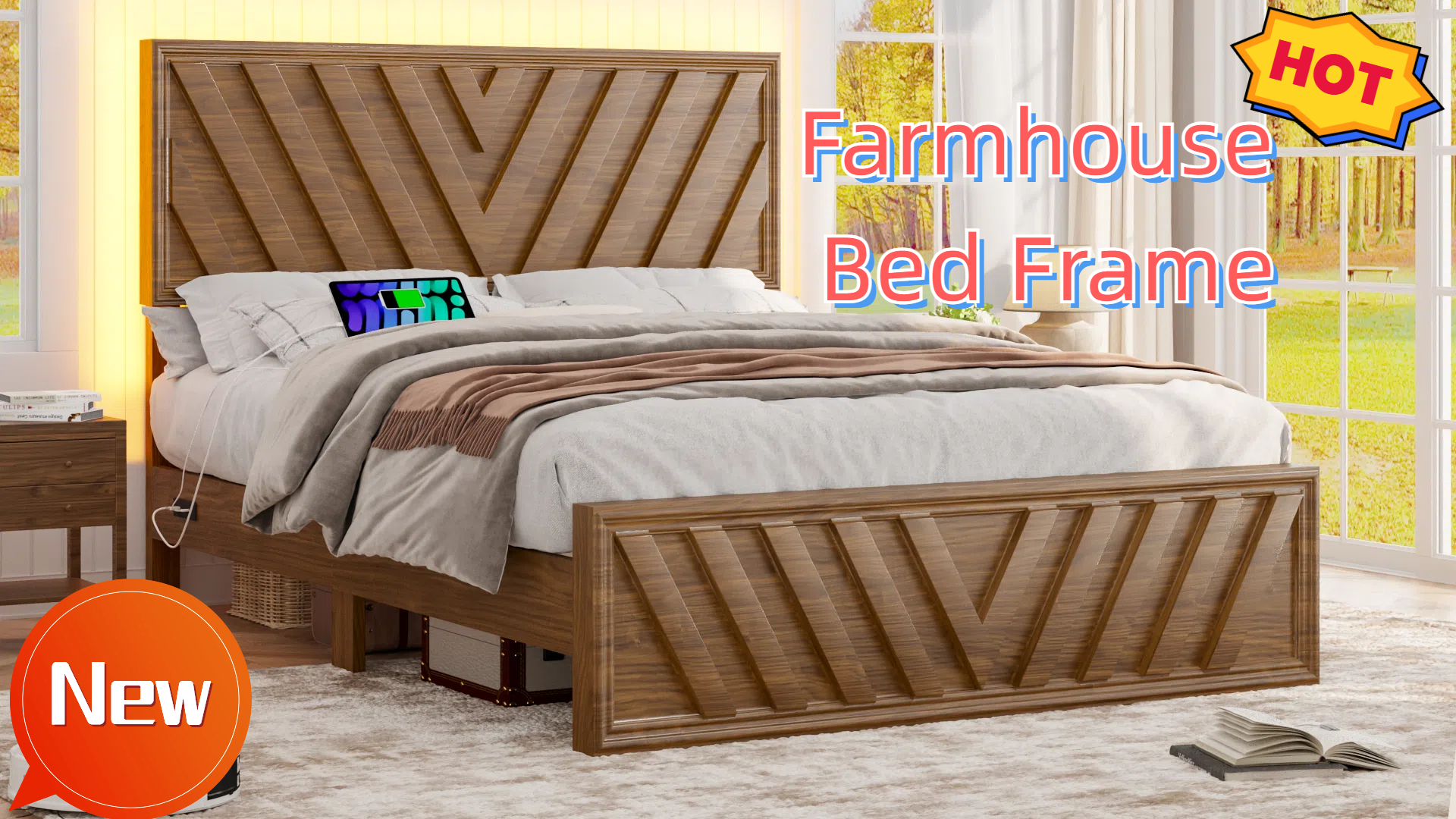 thumbnail video image 2 of Fastroby Wood Full Bed Frame Wood with LED Headboard & Charging Ports, No Box Spring Required, 2 of 11