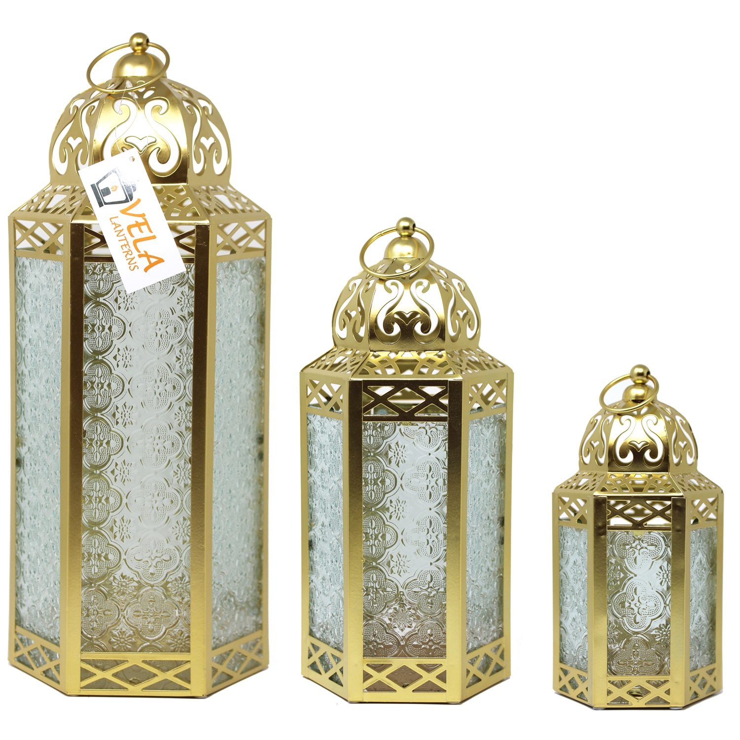thumbnail video image 2 of Moroccan Candle Lanterns Decorative Set of 3 for Floor, Ramadan Decorations, Indoor Home Decor, Outdoor Patio or Porch, Weddings, Gold, 2 of 11