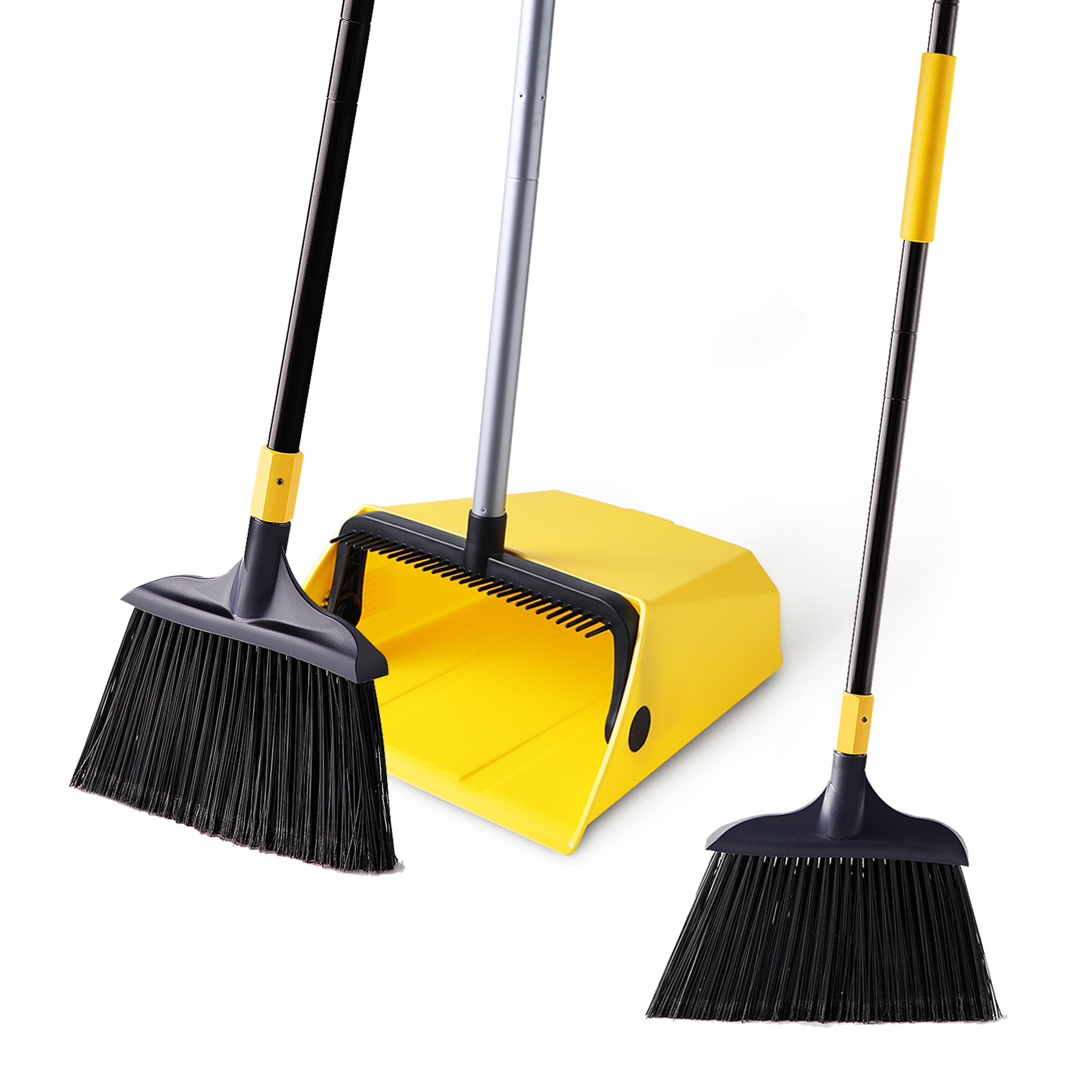 thumbnail video image 2 of Yocada Heavy Duty Broom and Dustpan 2+1 Set 54" Iron Pole for Household Commercial Yellow&Black, 2 of 7