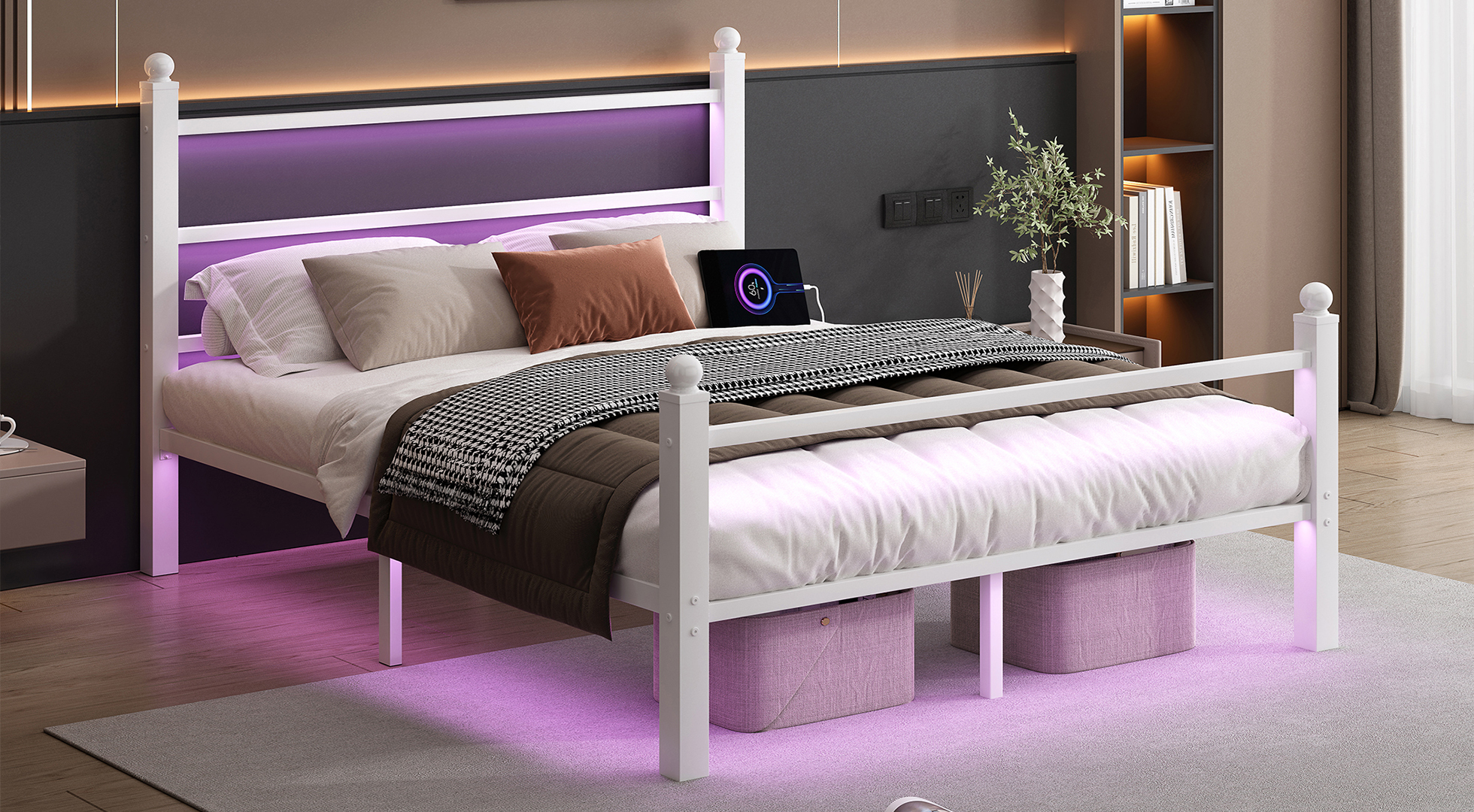 thumbnail video image 2 of King Size Bed Frame with Headboard and Footboard - LED Bed with Usb Charging Station, Steel Slats Support, Under Bed Storage, White, 2 of 5