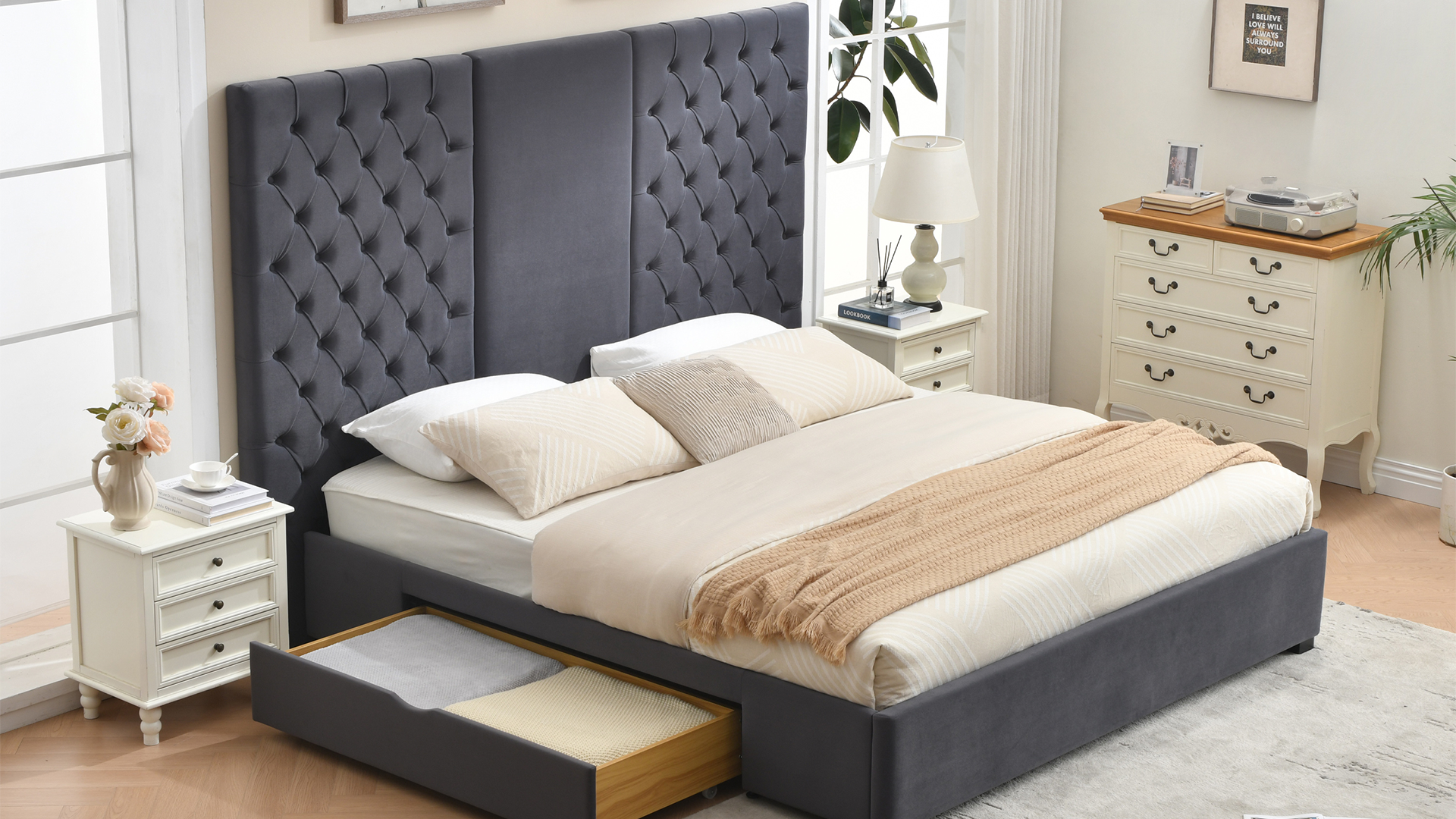thumbnail video image 2 of King Velvet Upholstered Platform Bed Frame with 63.58" Tall Button-Tufted Headboard and Storage Drawers, Gray, 2 of 10
