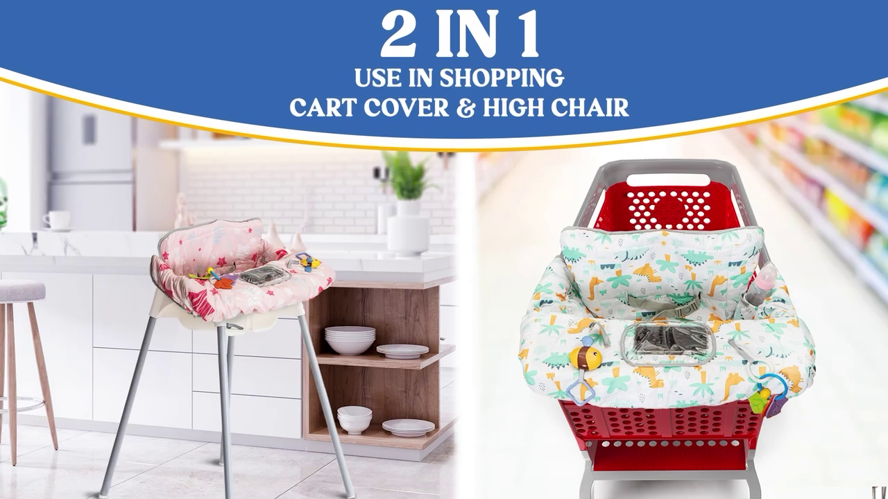 thumbnail video image 2 of PILLANI Shopping Cart Cover for Baby, High Chair Cover for Restaurant Seat - Grocery Cart Cover for Baby Girl and Boy, Comfortable Cotton Buggy Covers for Babies - Padded Toddler Shopping Cart Cover, 2 of 8