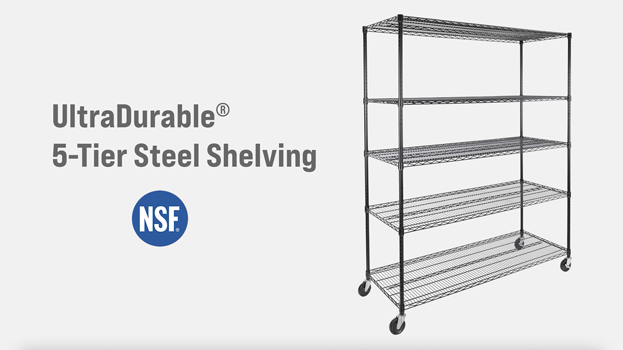 thumbnail video image 2 of Seville Classics UltraDurable® 5-Tier NSF Steel Wire Shelving, 60" W x 24" D, Black, 2 of 10
