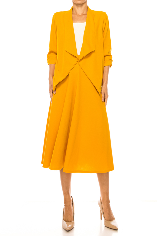 thumbnail video image 2 of Women's Solid 2-Piece Set  Open Front Blazer and Matching Midi Aline Skirt, 2 of 2