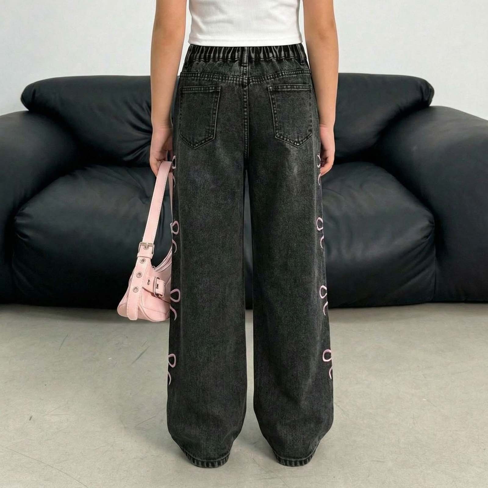thumbnail video image 2 of Girl's Casual Jeans Stretch Elastic Waist Distressed Denim Wide Leg Pants Toddler Kids Cute Jeans for Girls Size 10-11 Years, JN1-Grey, 2 of 7