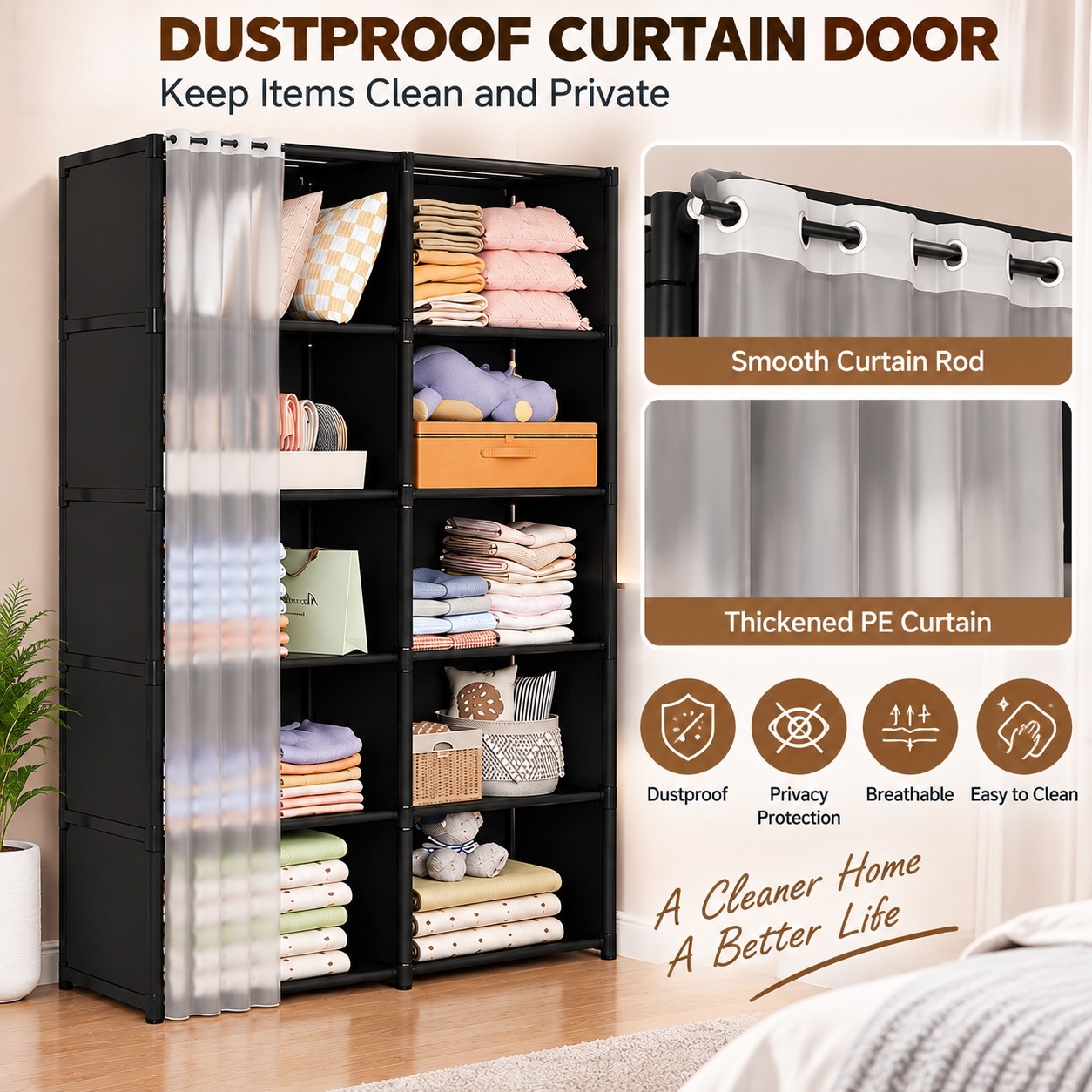5-Tier Portable Wardrobe Closet, Clothes Storage Organizer with Shelves ...