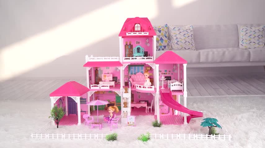thumbnail video image 2 of Freecat 8 Rooms 24.8'' Dollhouse for Girls, Dolls Funiture with Slide&Stairs, Pink DIY Rooms Playset Christmas Birthday Gift Toys for Girls 3 4 5 6+, 2 of 10