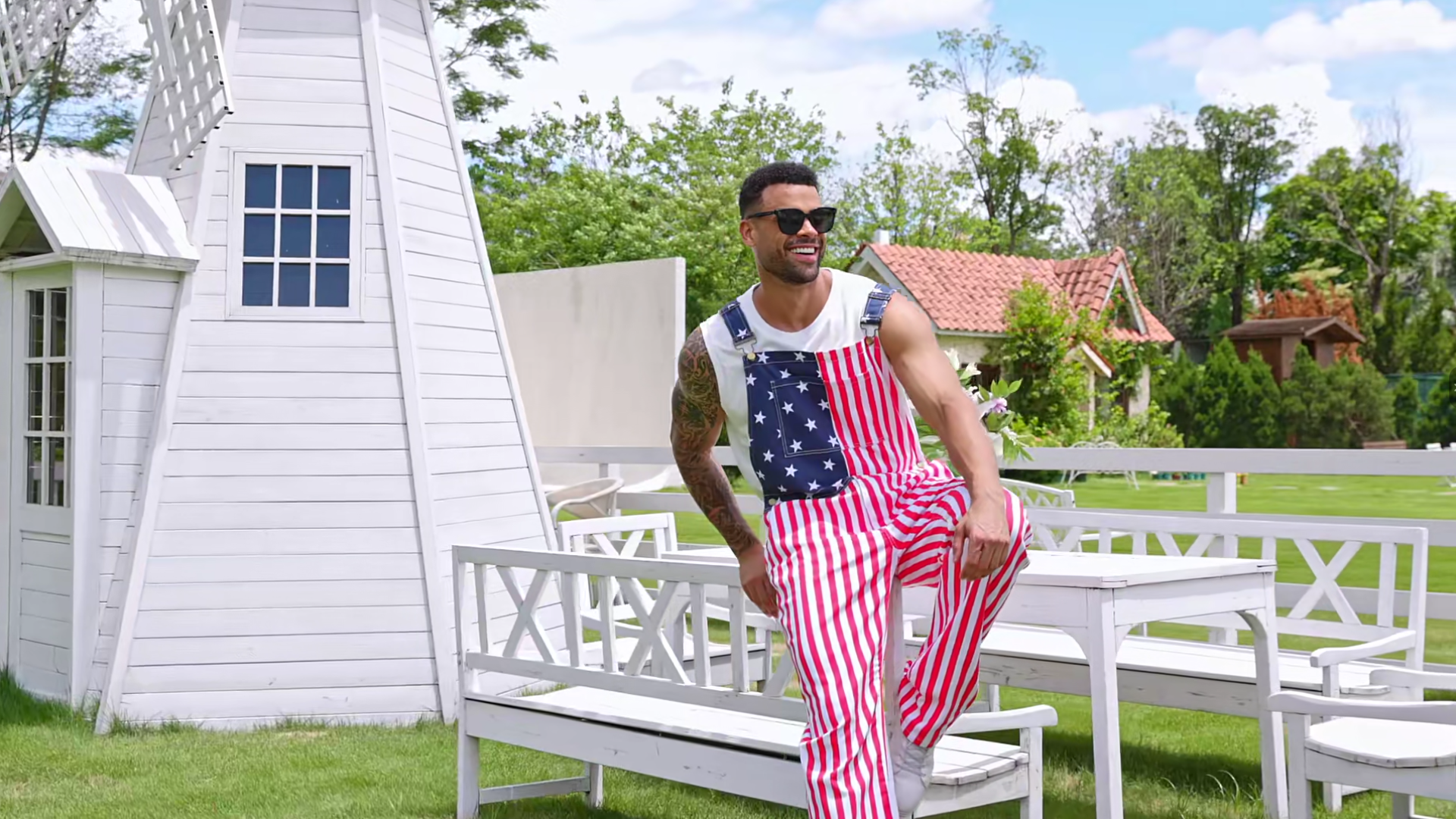 thumbnail video image 2 of 250th Anniversary American Flag Overalls Adjustable Straps Mens Red White Blue Bib Coveralls 4th of July Romper(American Flag,L), 2 of 11