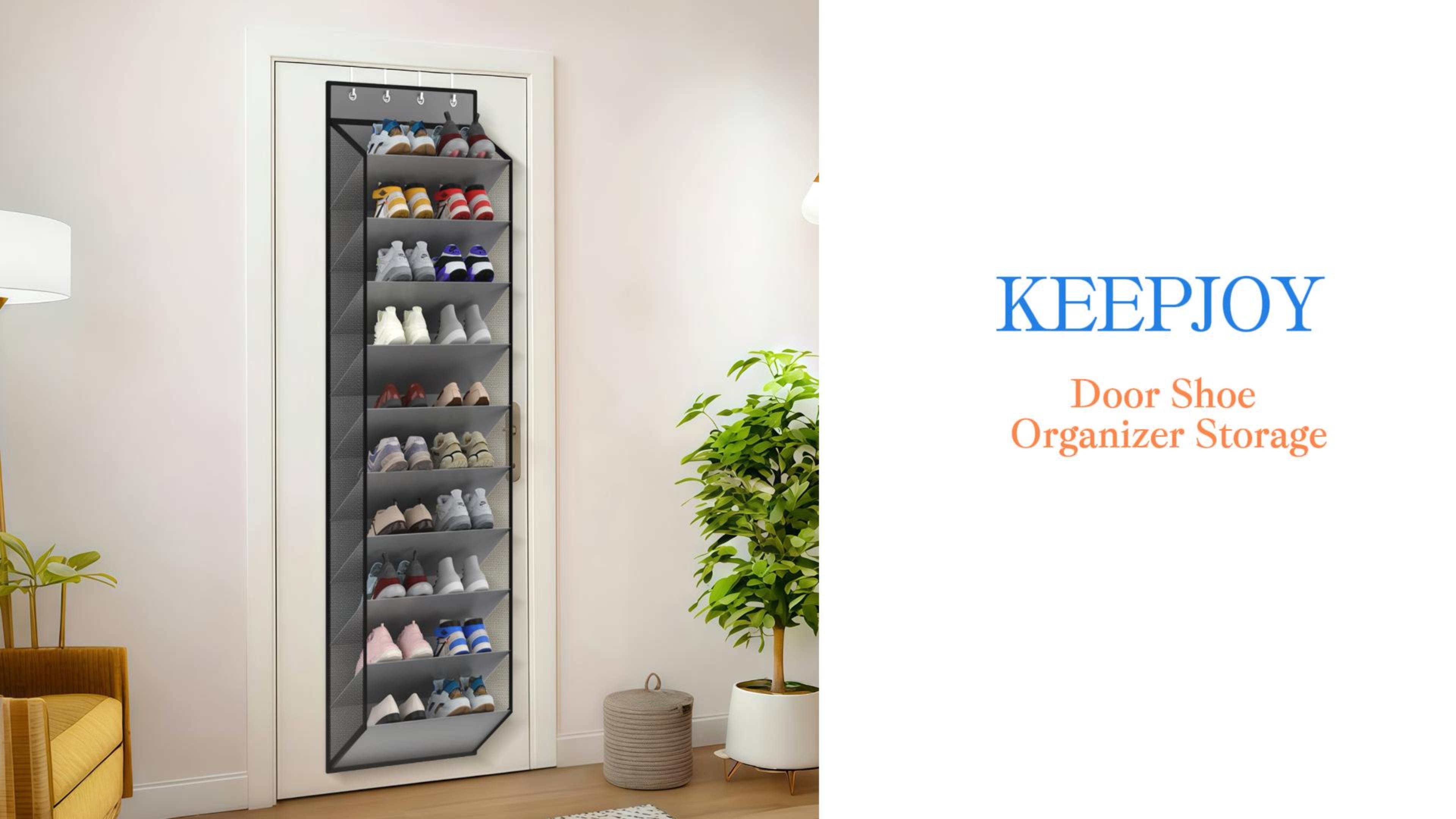 thumbnail video image 2 of KEEPJOY 10 Tiers Mesh Over Door Shoe Organizer Storage, Hanging Shoe Holder for Door with Large Deep Pockets, Holds 20-30 Pairs of Shoes,Grey, 2 of 8