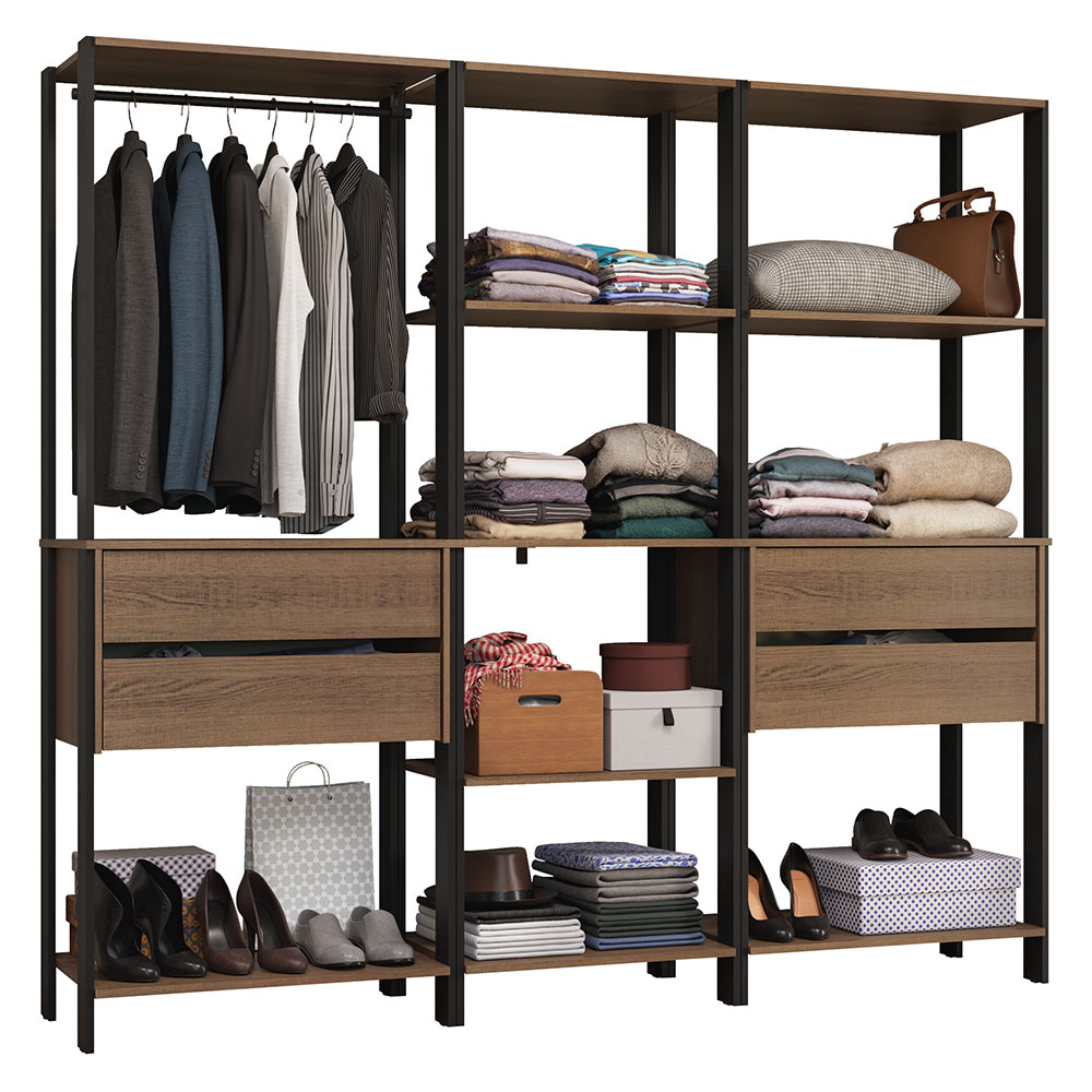 thumbnail video image 2 of Madesa Wardrobe Clothes Storage Rack with 4 Drawers, 5 Shelves and Hanging Space 55"L Multiuse Modular Cabinet for Bedroom Organization - Black/Brown, 2 of 11