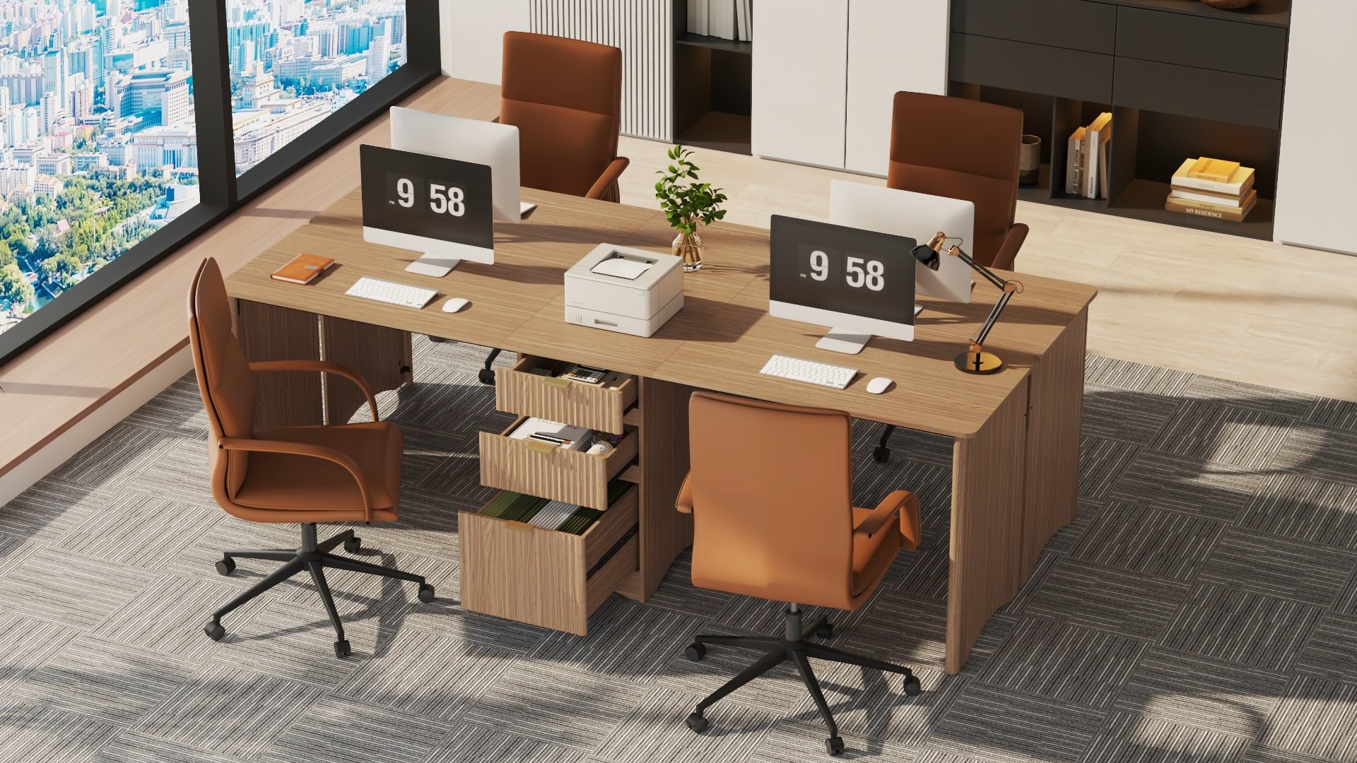 thumbnail video image 2 of Bestier 95" 2 Person Computer Desk with Drawers, Fluted Two Person Office Desk, Long Double Writing PC Desk for Home Office, Brown, 2 of 9