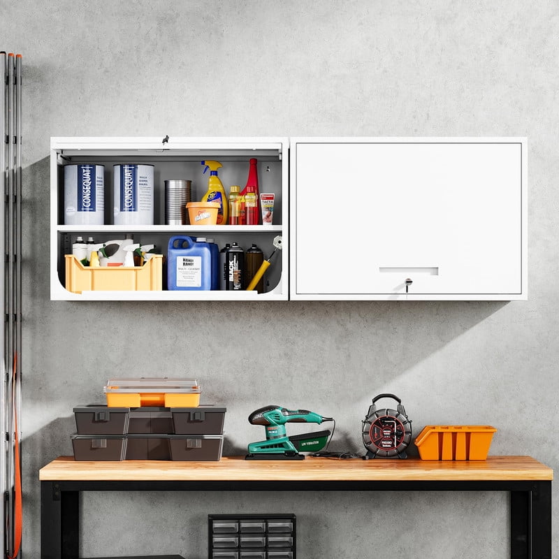 thumbnail video image 2 of Fesbos Metal Garage Wall Cabinet with Doors and Shelves, Wall Mounted Metal Storage Cabinet, Floating Garage Tool Cabinet for Garage, Basement, Kitchen, Warehouse, 2 of 10