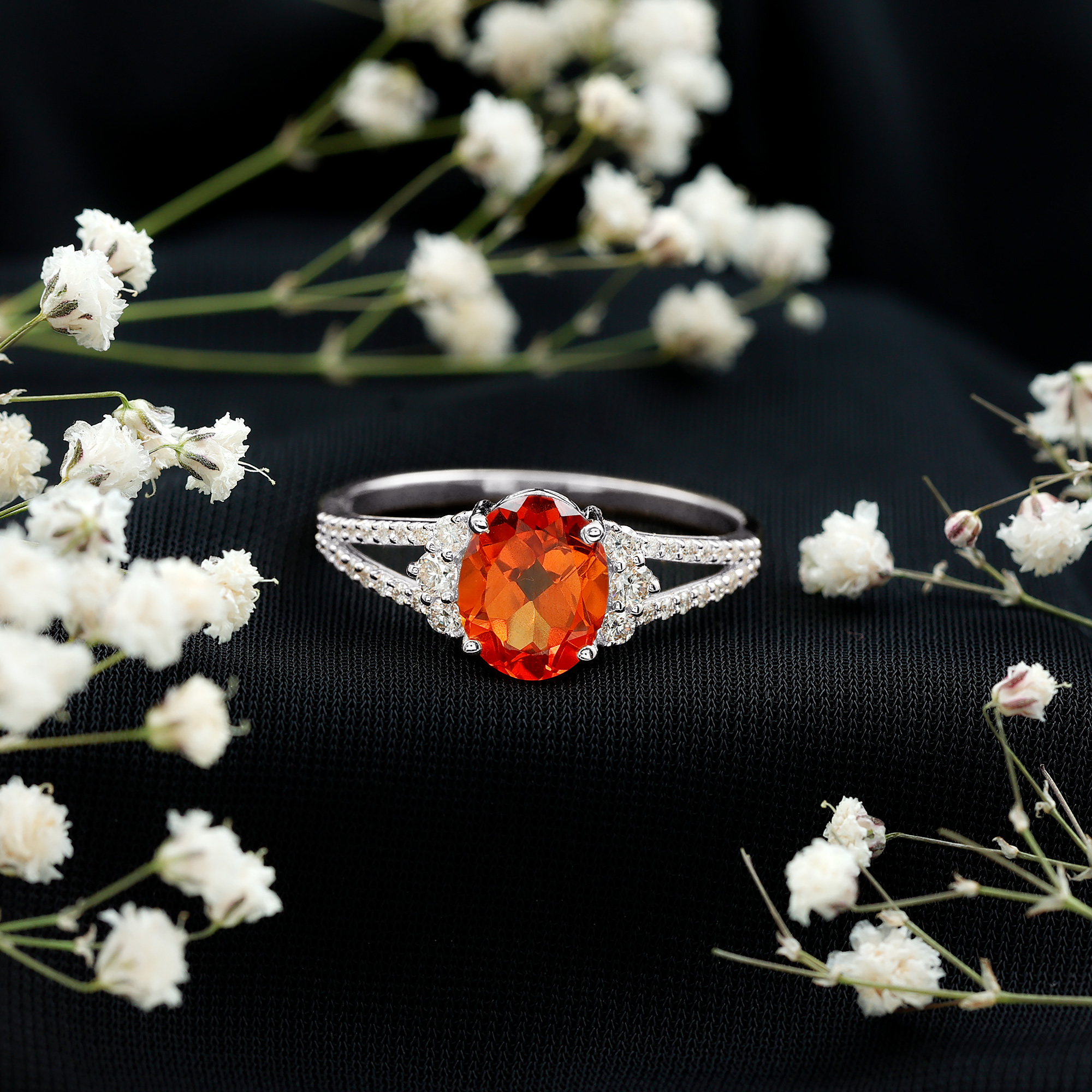 thumbnail video image 2 of Rosec Jewels Womens Lab Grown Orange Sapphire Ring with Moissanite - 8X10 MM Oval Shape Sapphire, 18K White Gold, US 3.00, 2 of 9