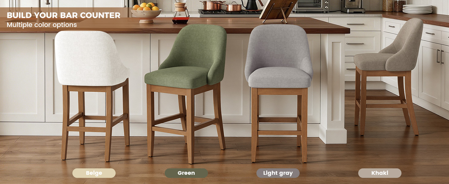 thumbnail video image 2 of Hawsaiy Bar Stool Set of 2, 26" Counter Height Bar Stools with Back, Upholstered Chenille Bar Chairs, Solid Wood Legs & Footrest, Kitchen Island Stools for Dining Room, White, 2 of 11