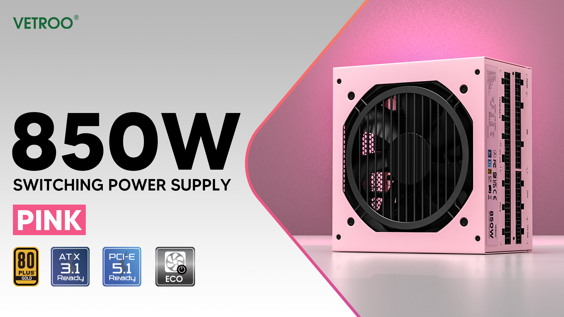 thumbnail video image 2 of Vetroo 850W Power Supply Dual PCIe 5.1 ATX 3.1 Ready, 80 Plus Gold Full Modular, Quiet Operation with 120mm FDB Fan, 10-Year Warranty - Pink, 2 of 11