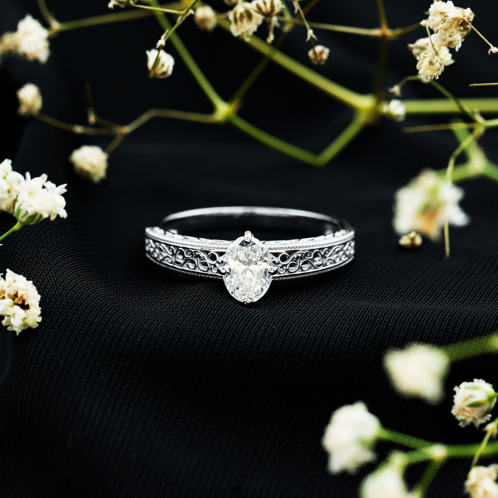 thumbnail video image 2 of Rosec Jewels Certified Moissanite Oval Engagement Ring 1 Carat (6X8 mm, D-VS1 Quality) - Filigree Ring with Jewelry Box, 18K White Gold, US 4.00, 2 of 9