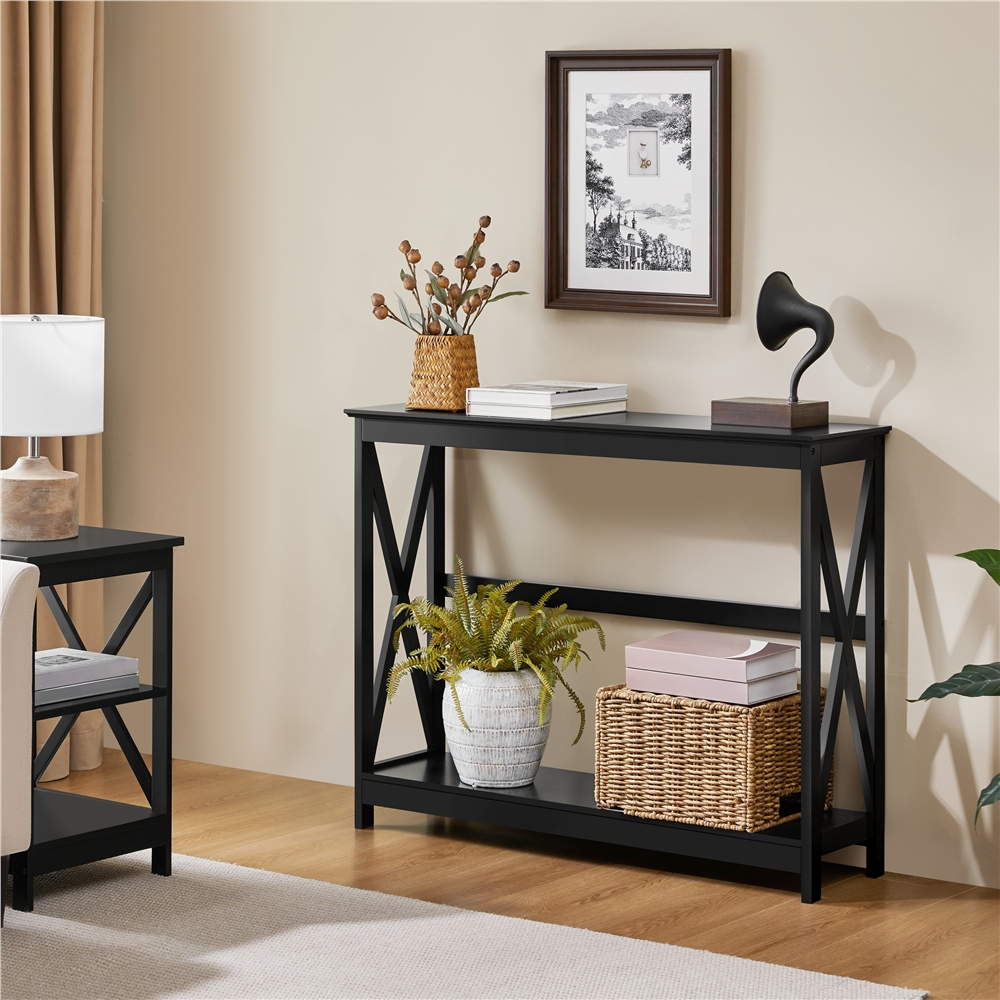 thumbnail video image 2 of Alden Design 2-Tier X-Design Wood Console Table with Shelf for Entryway Living Room, Black, 2 of 10