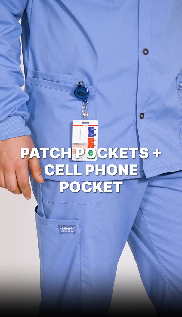 thumbnail video image 2 of Cherokee Workwear Professionals Men Warm Up Scrubs Jacket Snap Front WW360, 2 of 10
