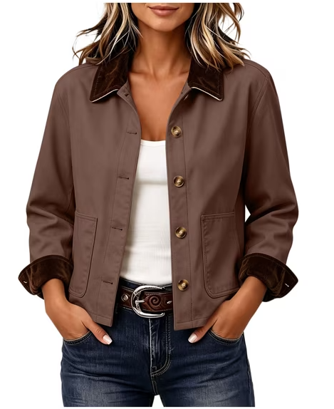 thumbnail video image 2 of hlysgo Women's Casual Cropped Jacket Trench Contrast Collar Coat Loose Lightweight Barn 2026 for Spring Fall Jacket Brown,L, 2 of 7