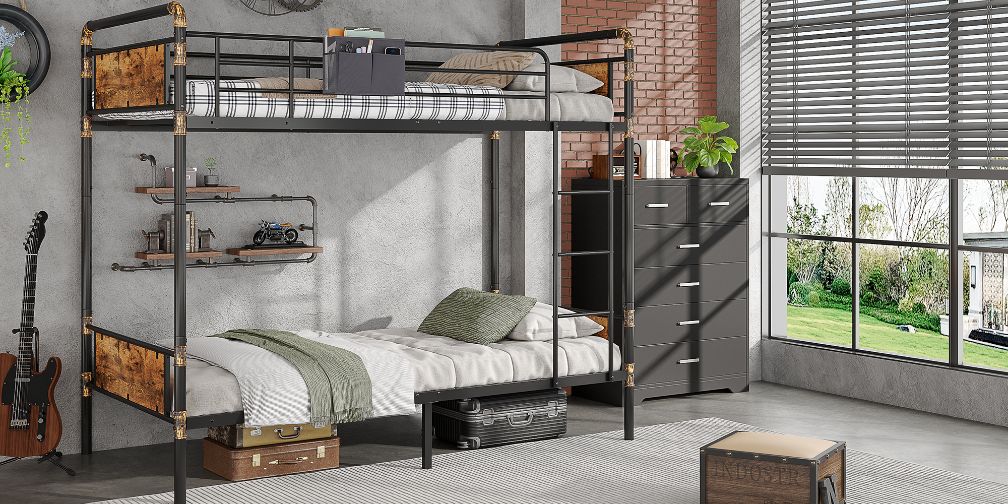thumbnail video image 2 of Alohappy Twin Over Twin Bunk Bed, Convertible Twin Bunk Beds Into 2 Individual Bed, Removable Ladder & Safety Guard Rail for Kids, Modern Industrial Style, Easy Assembly, No Box Spring Needed (Brown), 2 of 10