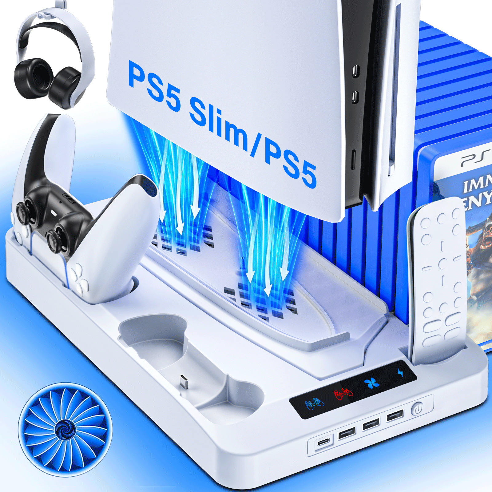 thumbnail video image 2 of PS5 Cooling Stand,PS5/PS5 Slim Stand and Cooling Station,Dual Controller Charger, Cooling Fan, Headset Holder, 3 USB Hub, White, 2 of 8