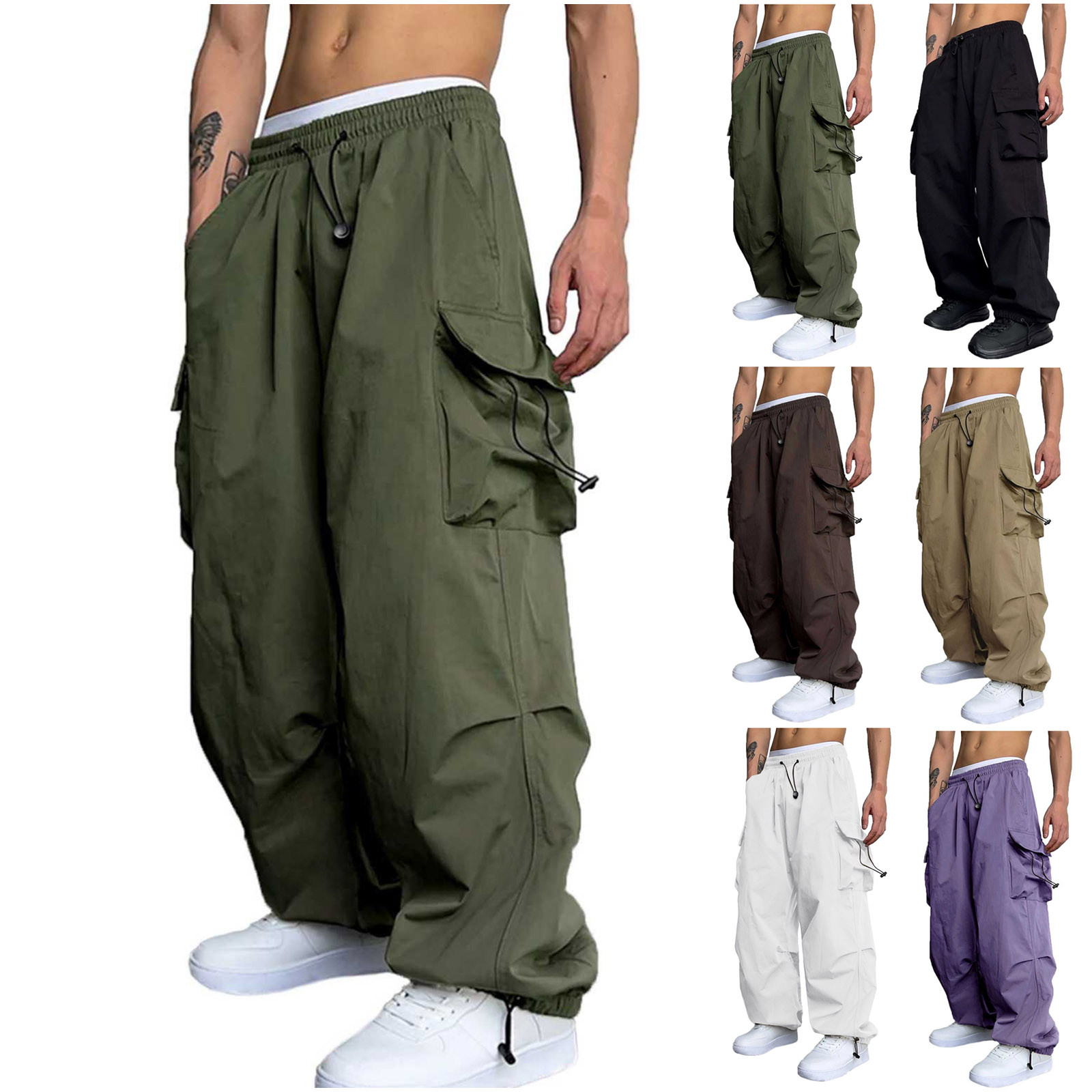 thumbnail video image 2 of WREESH Men's Cargo Pants Fashion Solid Casual Drawstring Elastic Waist with Pocket Trousers Sport Pants Olive Green, 2 of 10