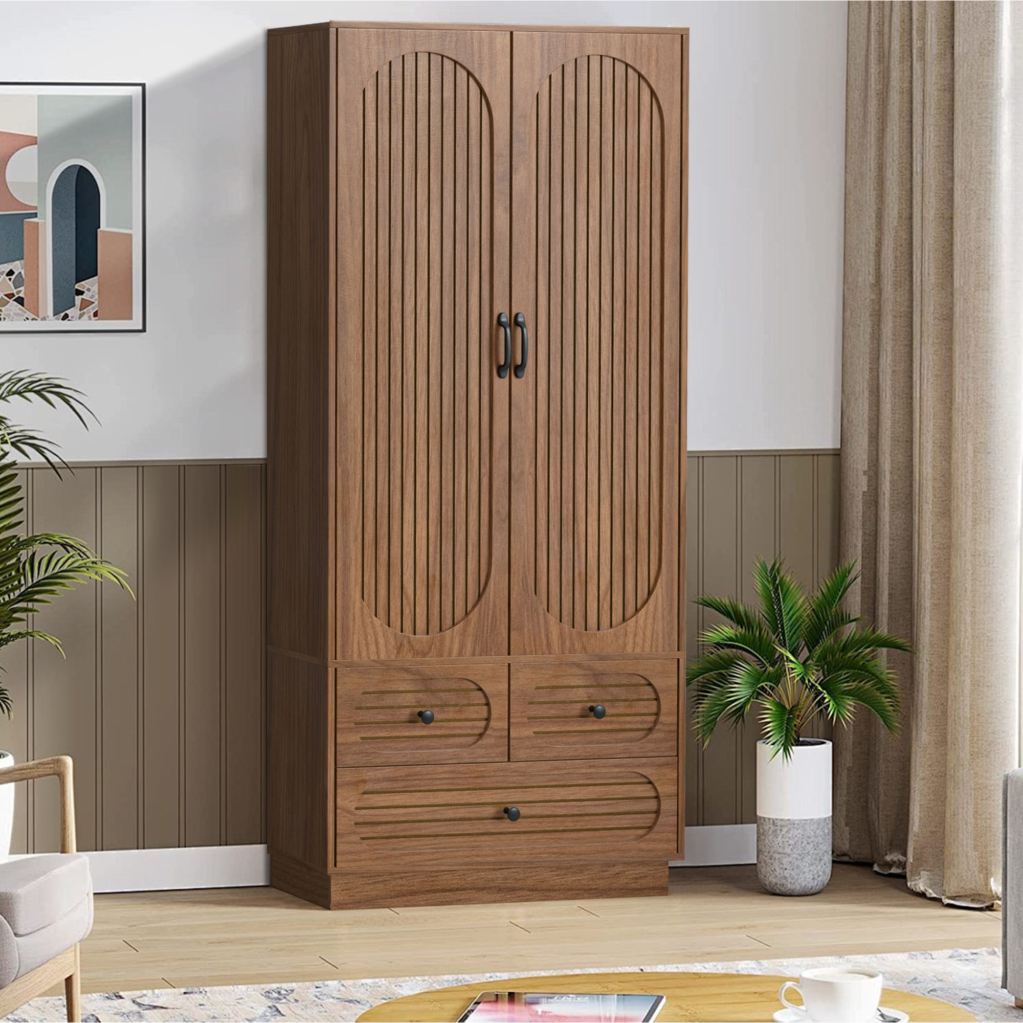 thumbnail video image 2 of Armoire Wardrobe Closet for Bedroom, Wardrobe Cabinet with 3 Drawers and Hanging Rod, Wooden Armoire Closet for Living Room, Walnut, 2 of 10
