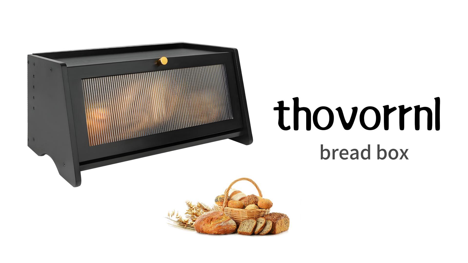 thumbnail video image 2 of thovorrnl Black Bread Box for Kitchen Countertop, Farmhouse Bamboo Bread Storage Container, Large Capacity Wooden Organizer for Pantry Counter Corner, 2 of 10