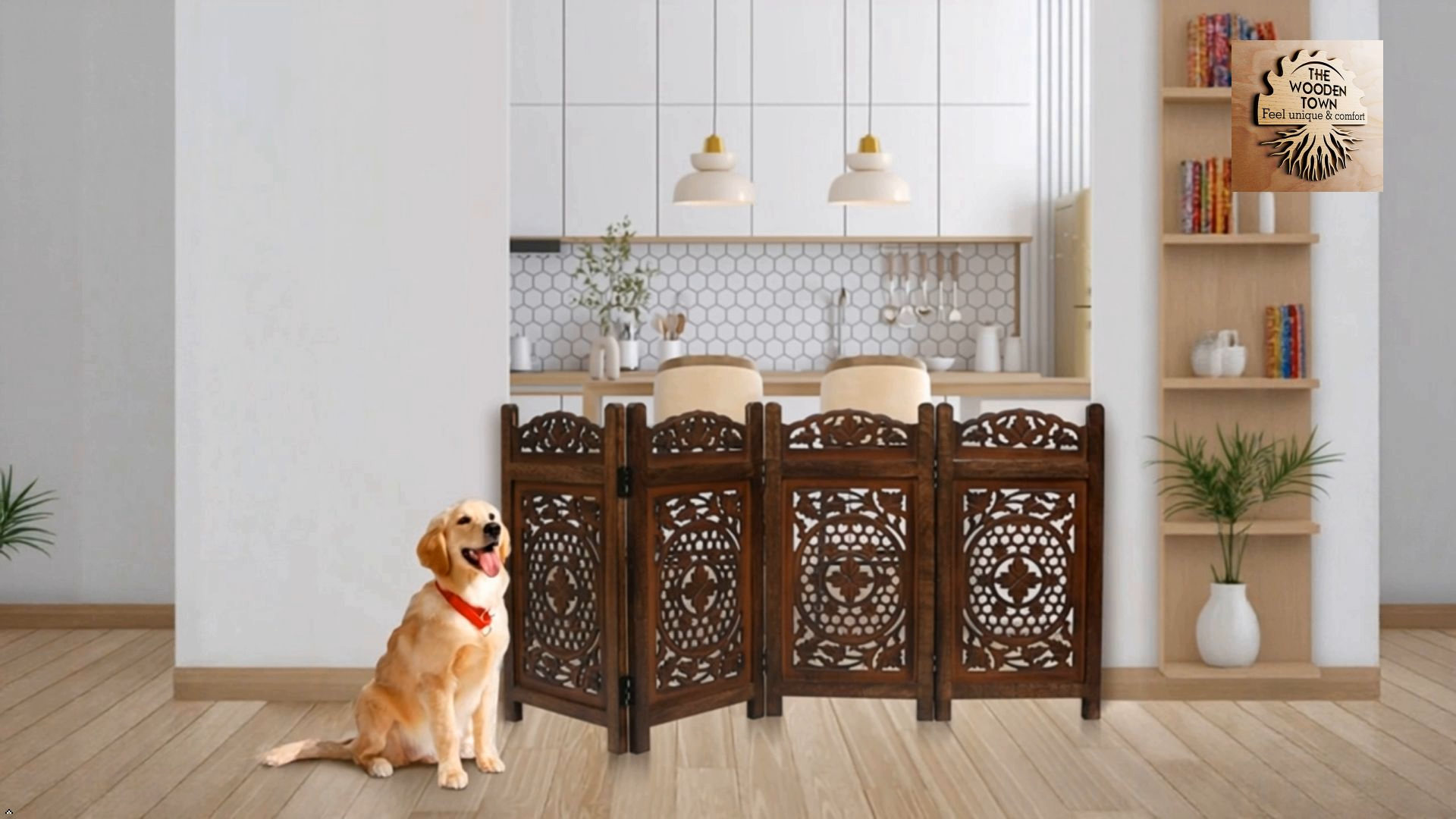 thumbnail video image 2 of Pet Gate Indoor Foldable in Raise Wood-4 Panel Dog Safety Gate, 56" W x 28" H, Hand-Carved Solid Wood & MDF,Free Standing Portable Indoor Gate for Doorways,Halls, Stairs-Fully Assembled - Burnt, 2 of 6