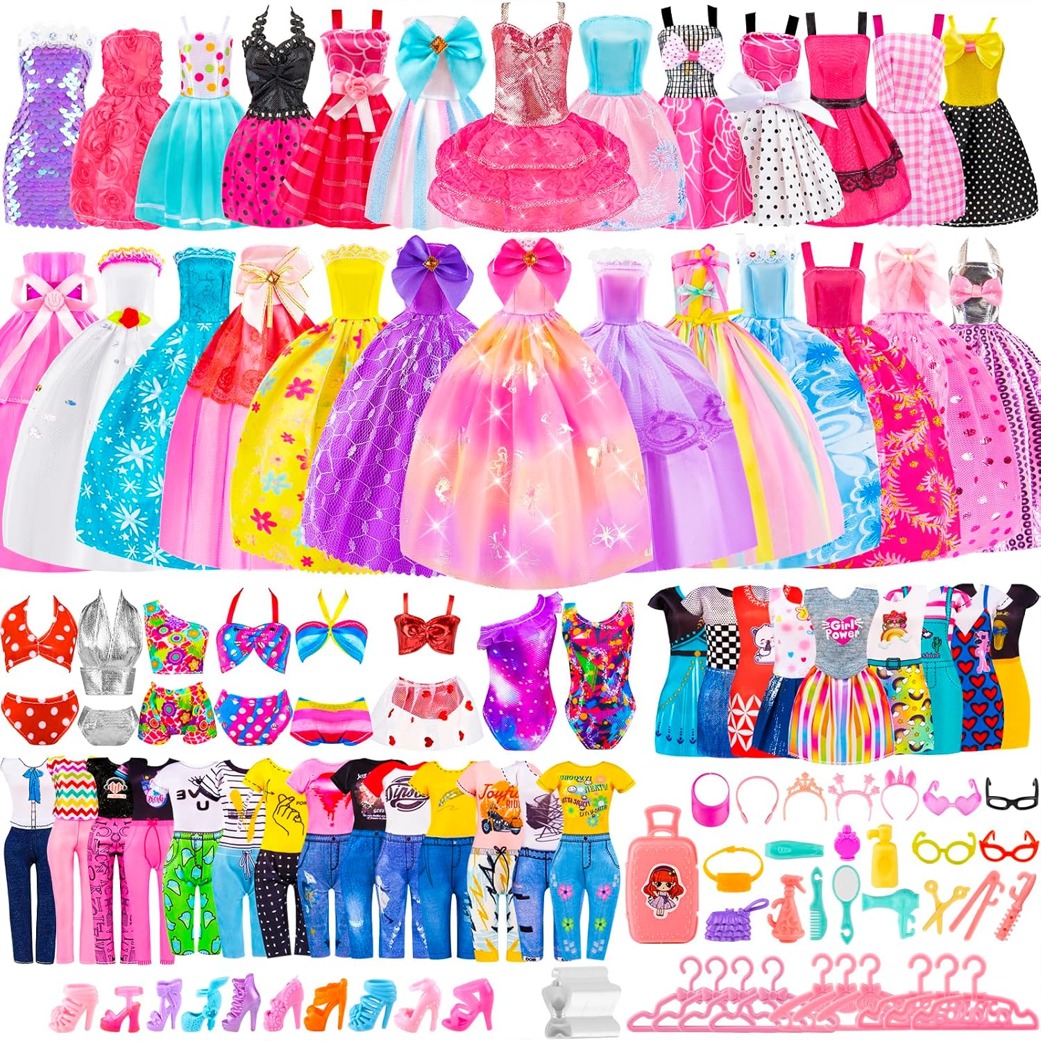 thumbnail video image 2 of LXUNLN 110PCS Fashion Doll Clothes and Accessories Set for 11.5 Inch Dolls, Dresses, Shoes and Hangers, Doll Wardrobe Dress Up Set for Girls Ages 3+, 2 of 8