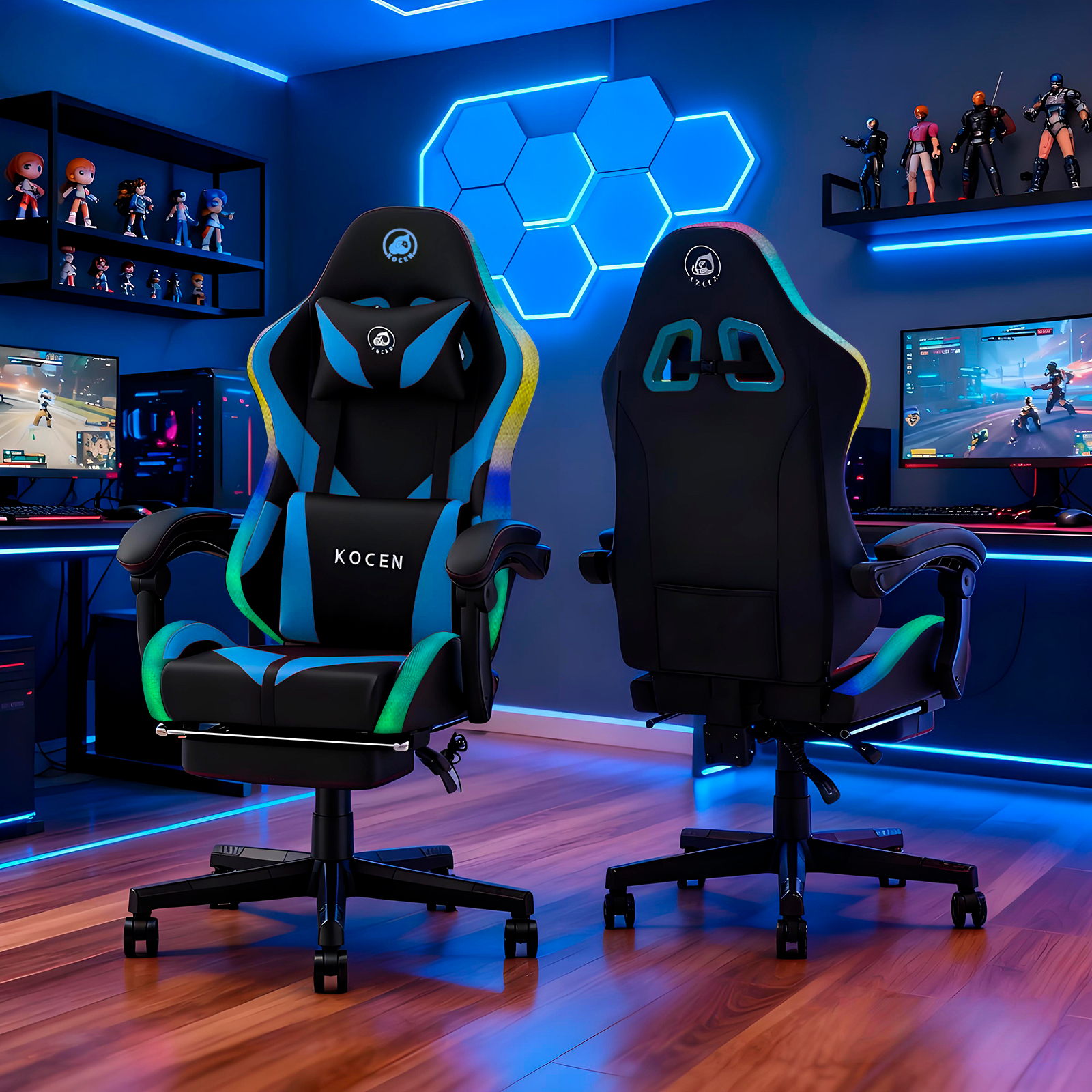 thumbnail video image 2 of KOCEN Tall and large adult Gaming Chair , Racing Style RGB LED Light Adult Gaming Chairs, Equipped With Lumbar Massager, High Back Adjustable Recliner, With Footrest AndHeadrest., 2 of 8