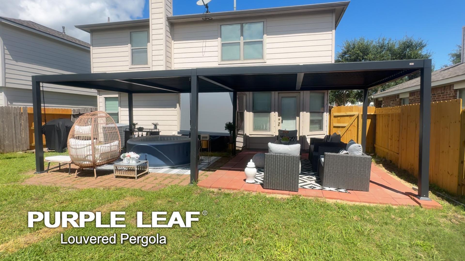 thumbnail video image 2 of PURPLE LEAF 08 X 12 Louvered Pergola Aluminum Outdoor Adjustable Louvered Roof Integrated Drainage System Patio Kitchen Poolside Garden Grey, 2 of 10