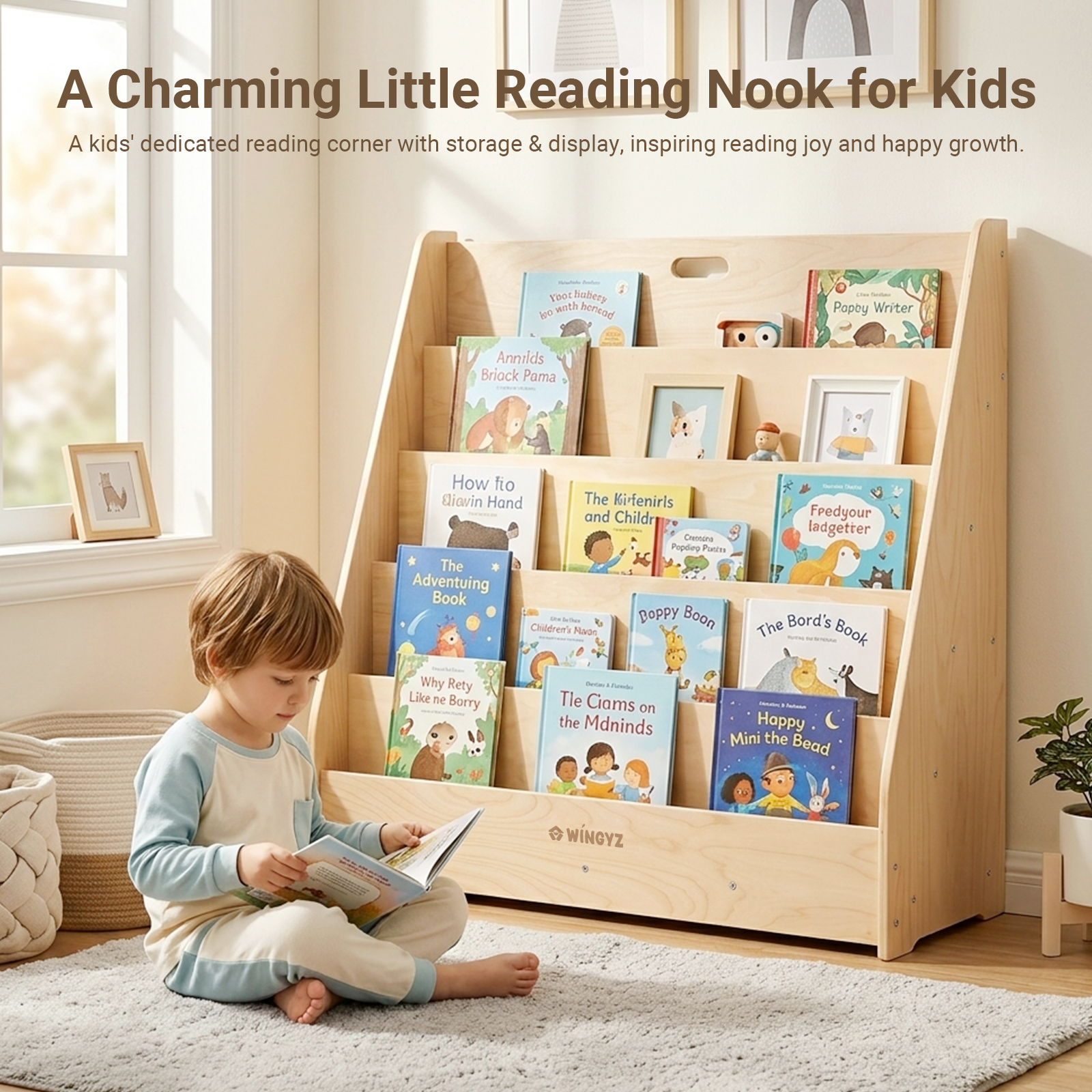thumbnail video image 2 of Sweet Time Kids Bookshelf Storage Organizer Nursery Bookshelves 5 Tier Triangular Wooden Baby Bookcase, Book Shelf for Toddler Playroom, 2 of 8