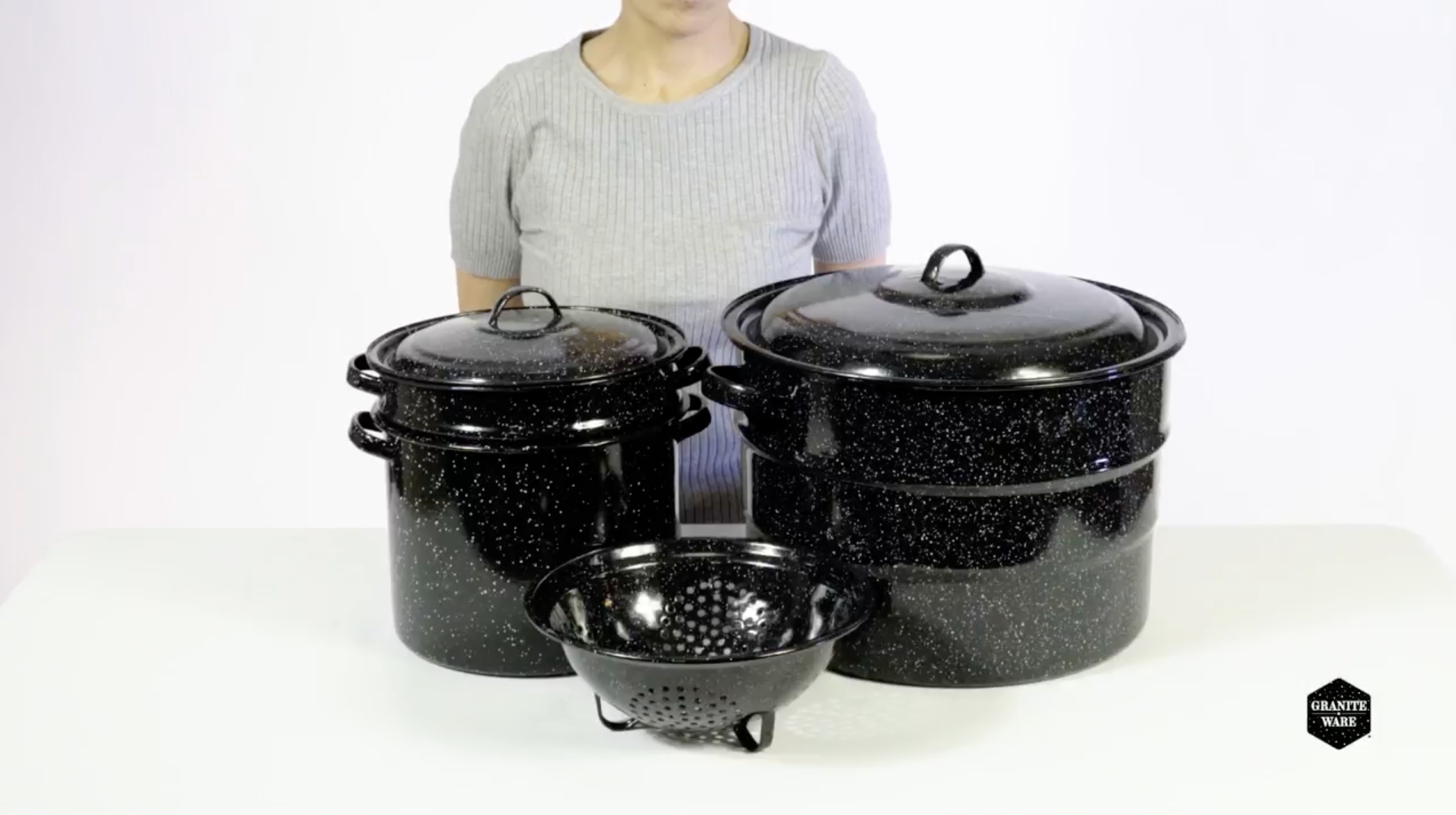 thumbnail video image 2 of Granite Ware 12 Piece Enamelware Water bath Canning Pot (Speckled Black) with Canning Toolset, Colander, Blancher and Rack. Canning Supplies Starter Kit, Canning Supplies. Canning Kit., 2 of 11