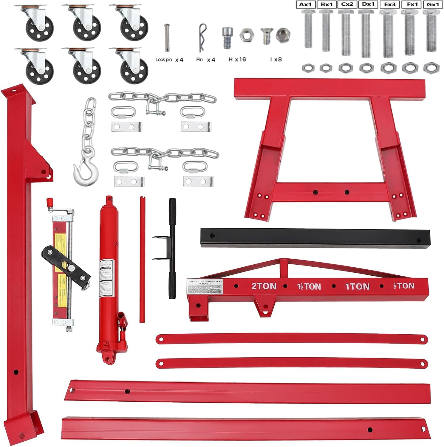 thumbnail video image 2 of 2-Ton Heavy-Duty Alloy Steel Engine Hoist - 1500lbs Folding Picker Crane with 8-Ton Hydraulic Pump, 6 Casters, 6 Adjustable Positions, 61*37*57in for Workshop Use, Red, 2 of 10